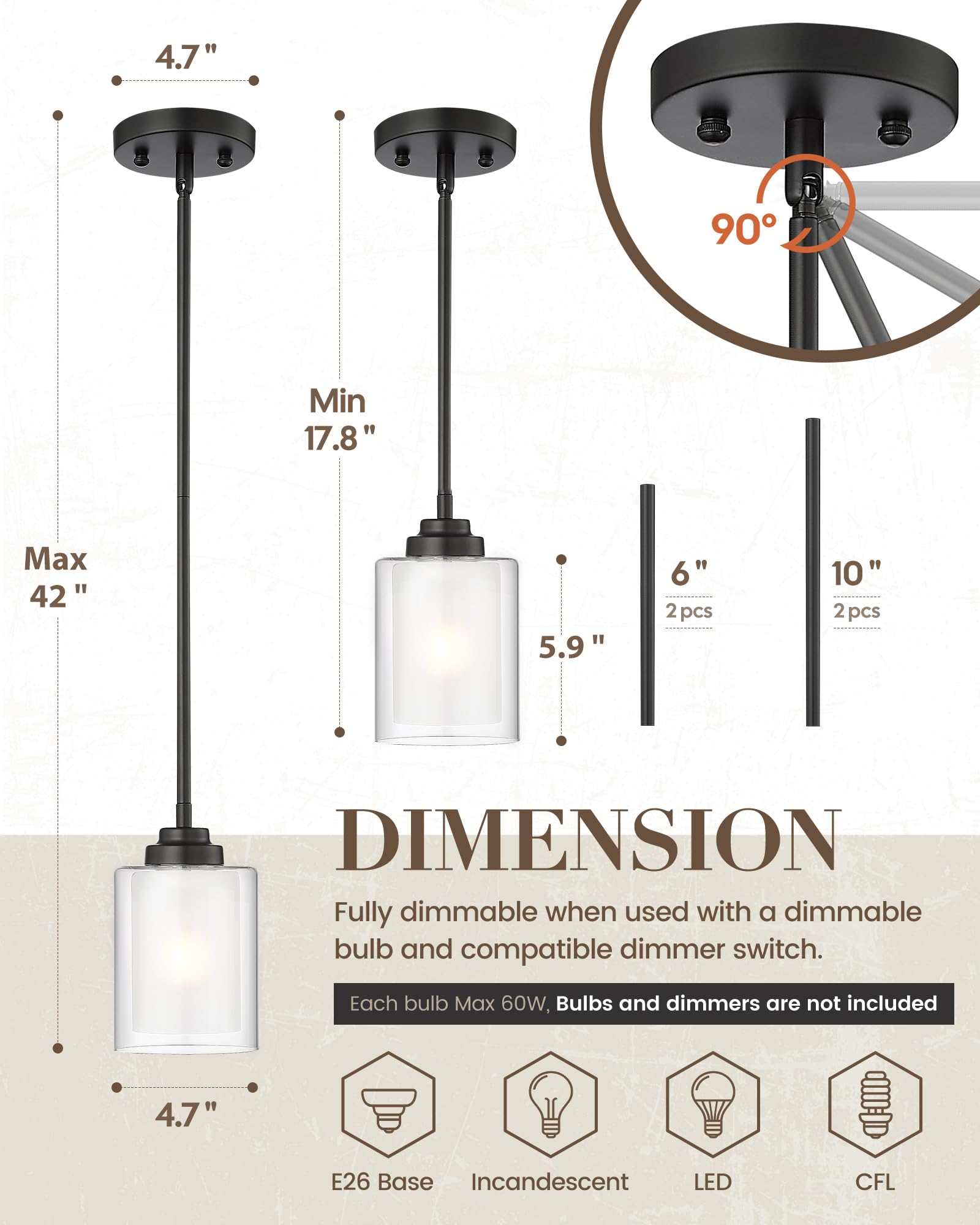 TENGXIN Modern Pendant Light, Matte Black, Glass, 1 Pack, Model TXPLBK02