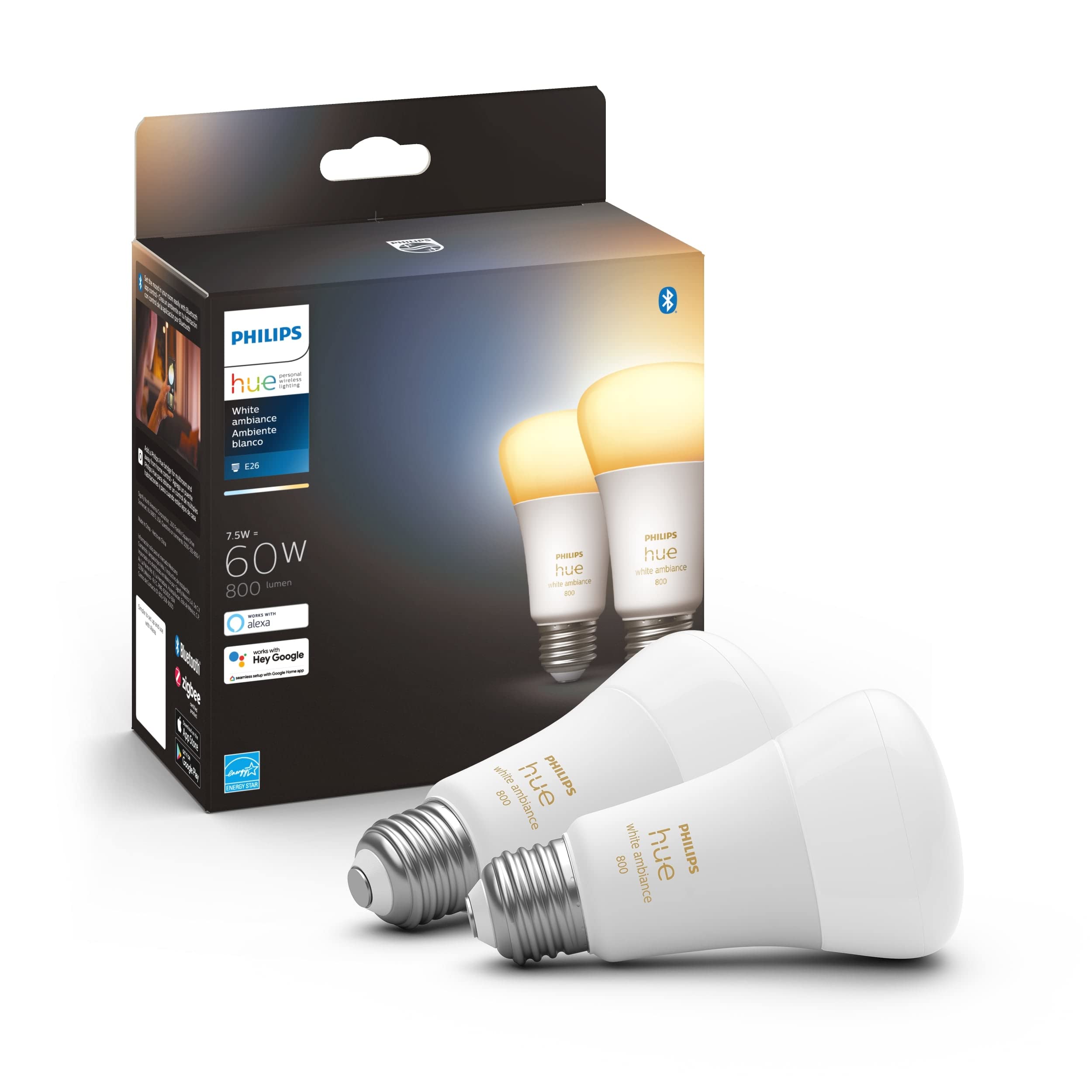 Philips Hue Smart 60W A19 Led Bulb - White Ambiance Warm-To-Cool White Light - 2 Pack - 800Lm - E26 - Indoor - Control With Hue App - Works With Alexa, Google Assistant And Apple Homekit