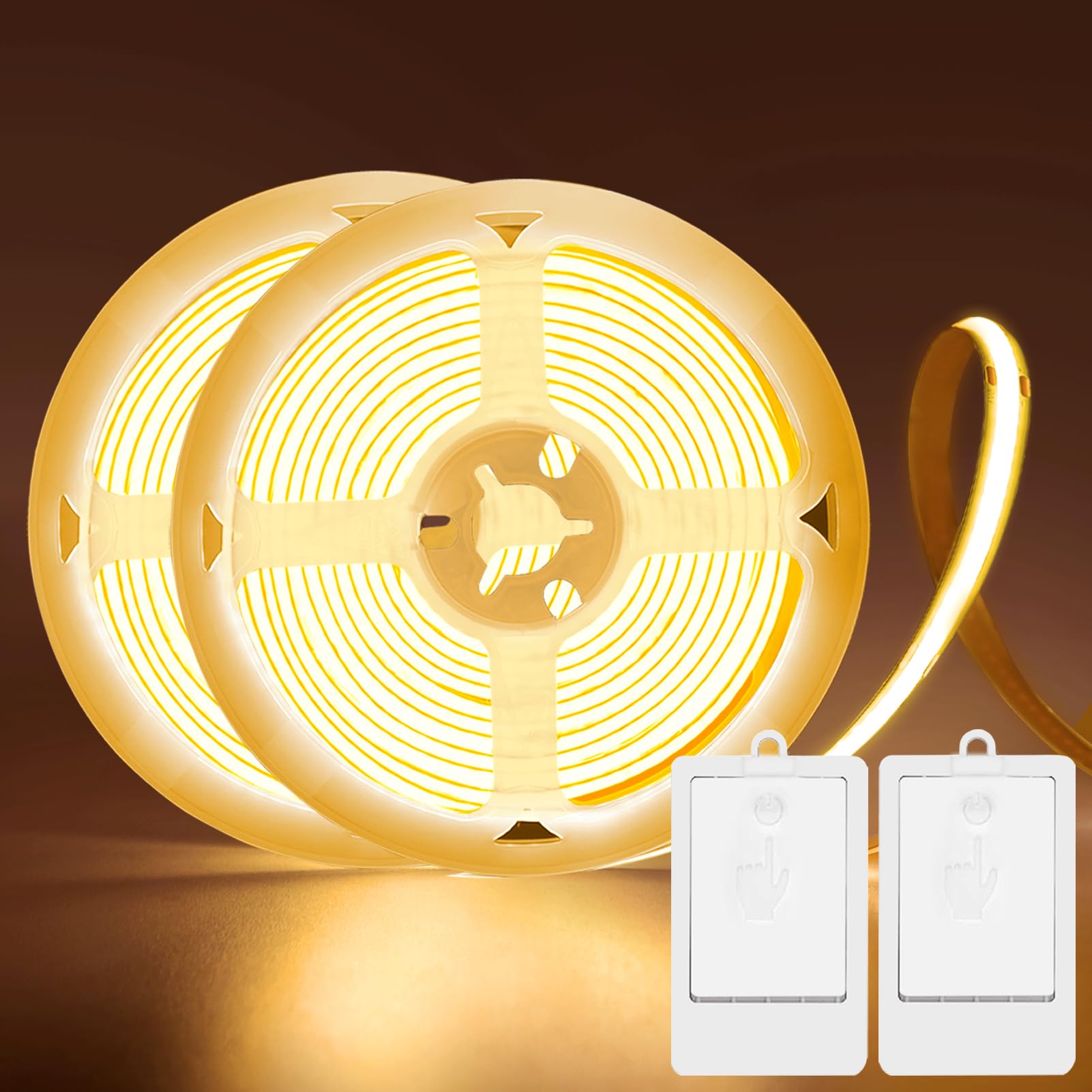BSGlobal 2 Pack COB LED Strip Light, 6.6Ft, 640 LEDs, Battery Operated, Warm White, Model S05-BSGX-US-2P-2M-