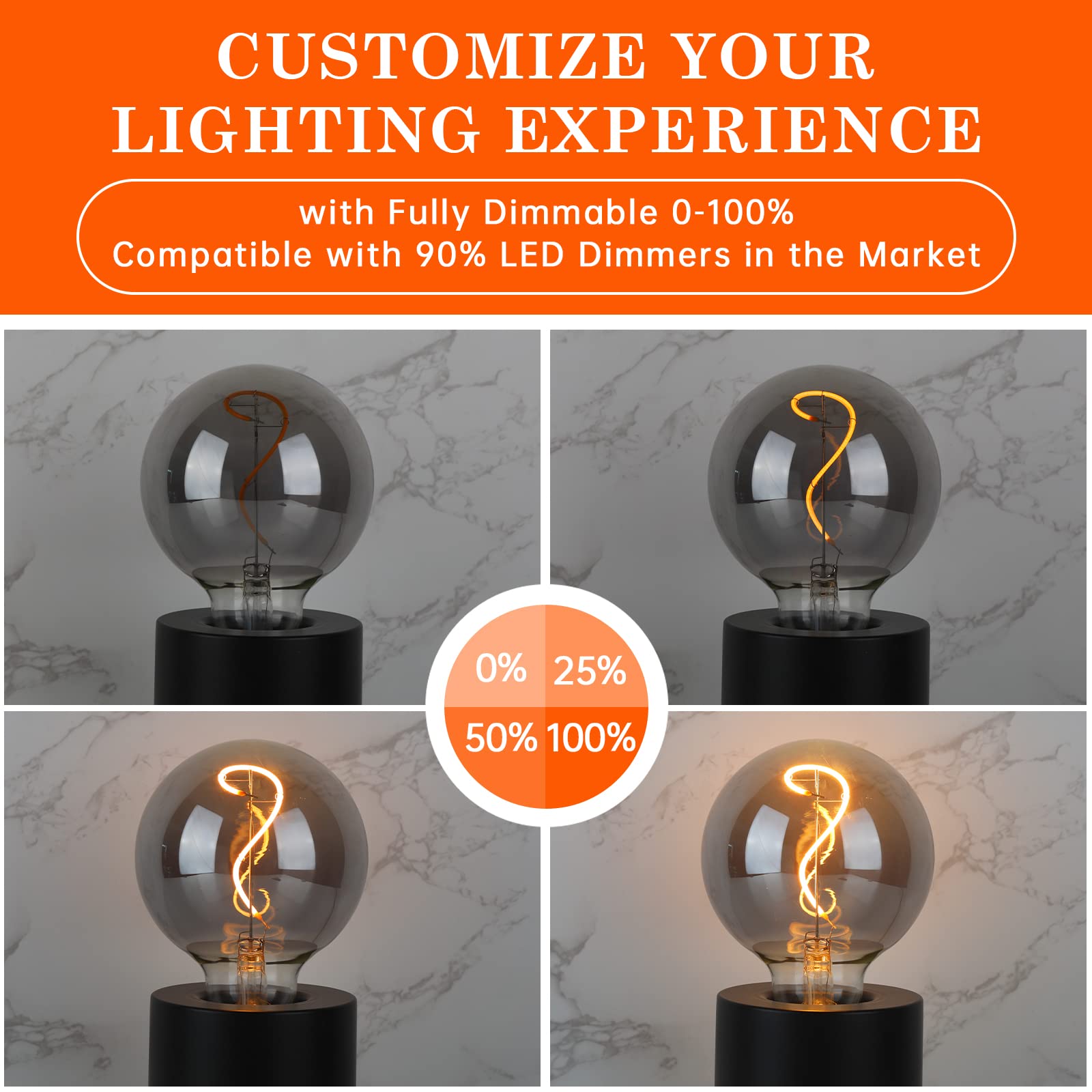 Omed G95/G30 Smoke Grey Large Globe Led Edison Bulbs 2 Pack, 4W 2200K Dimmable Warm White Round Edison Bulbs 40 Watt Equal, Vint