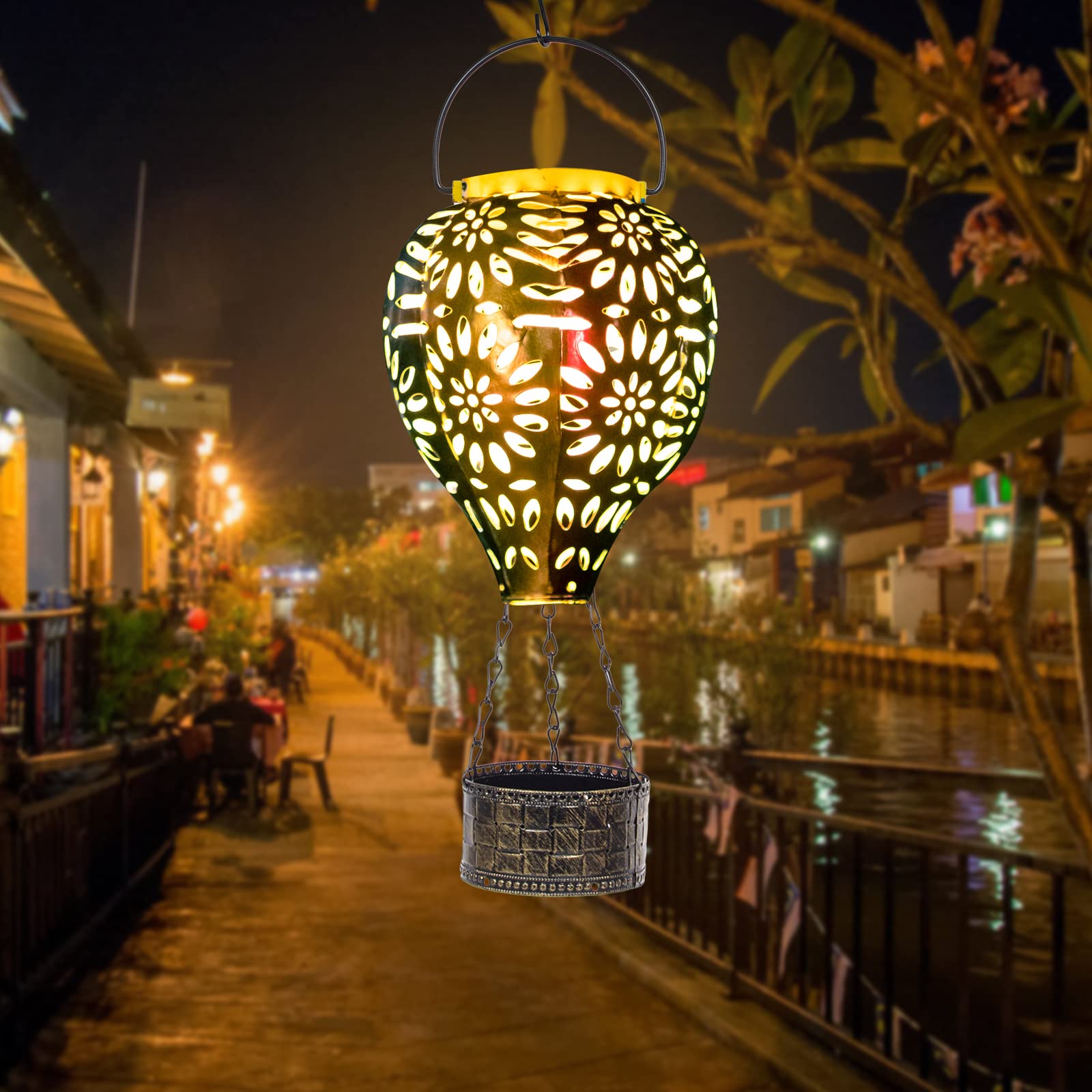 Venniy Solar Hot Air Balloon Lantern, Hanging Lanterns Outdoor Waterproof Decorative Metal LED Lantern Solar Lights for Trees Pa