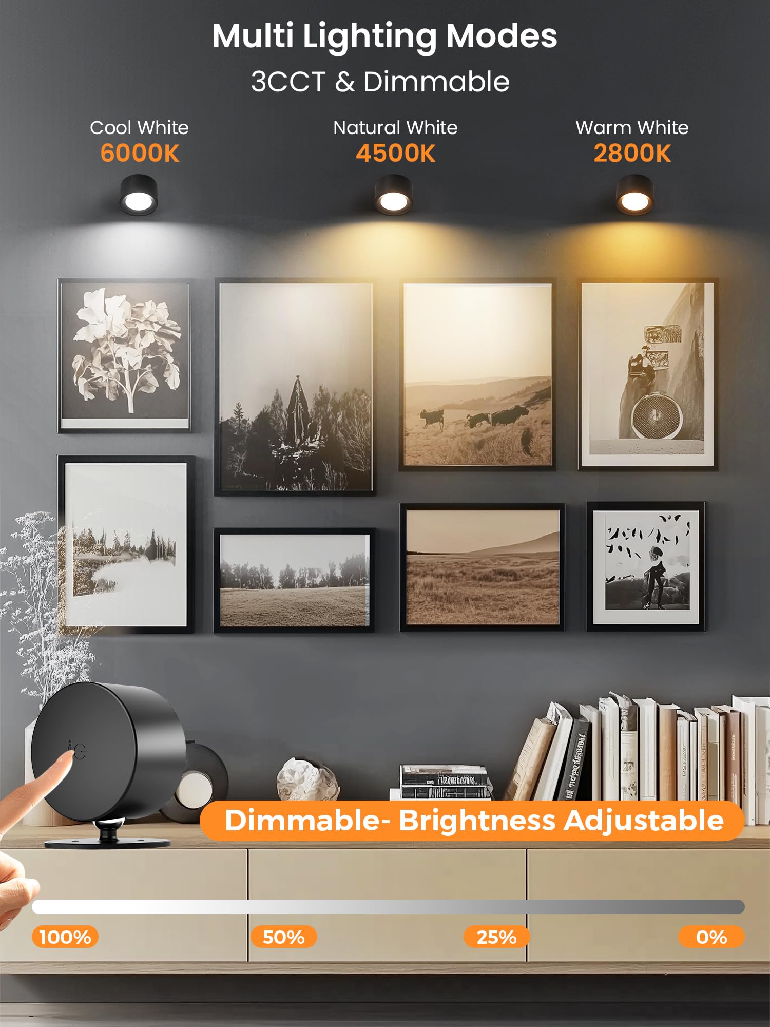 Auderwin Led Wall Sconces Battery Operated 360 Rotation Decor Wall Mounted Cordless Lights, 3 Color Temperatures & Dimmable, Wir