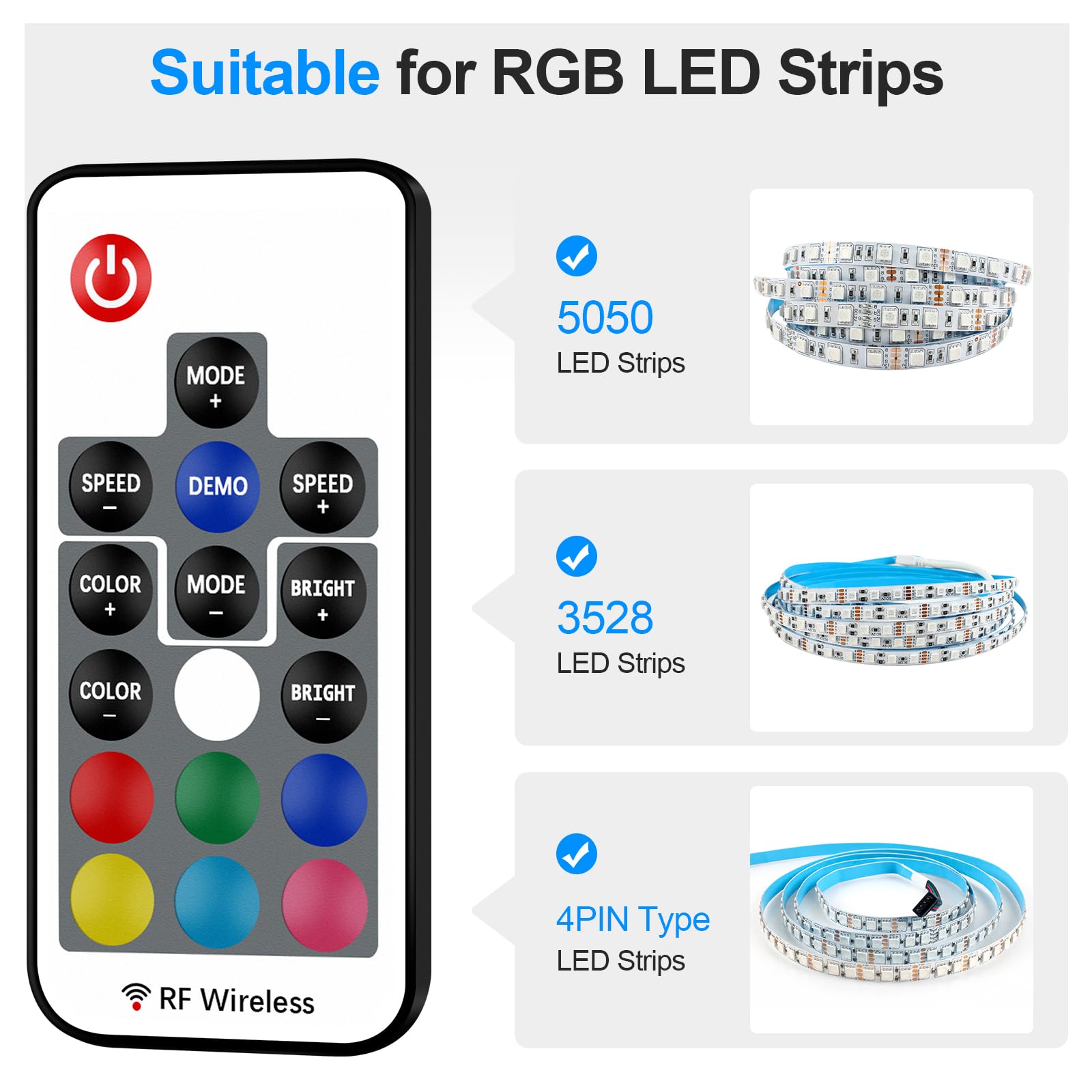 Rgbzone Rf Wireless Remote Led Controller For 5050 3528 5630 Led Strips, 17-Key, Dc 5V/12V/24V, Rgb Color, Model Fb