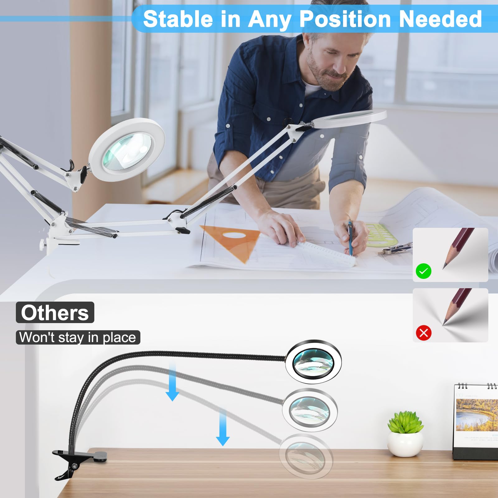 Coyeth 10X Magnifying Glass with Light, Metal Clamp, Stepless Dimmable LED, White, Model CML-W6