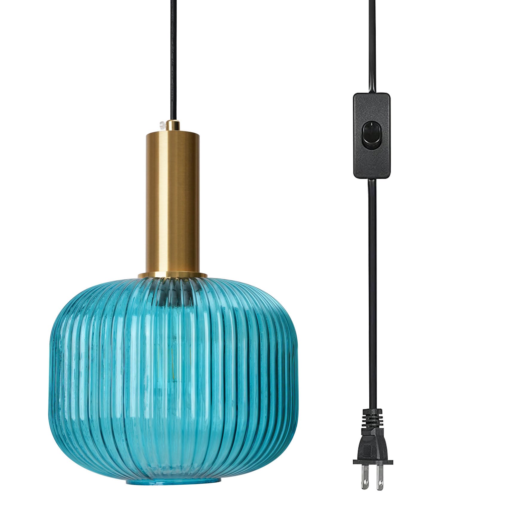 Pobllem Plug in Glass Pendant Light Blue Chandelier Ceiling Light Fixtures with Classic Striped Lantern Design, Mid Century Mode