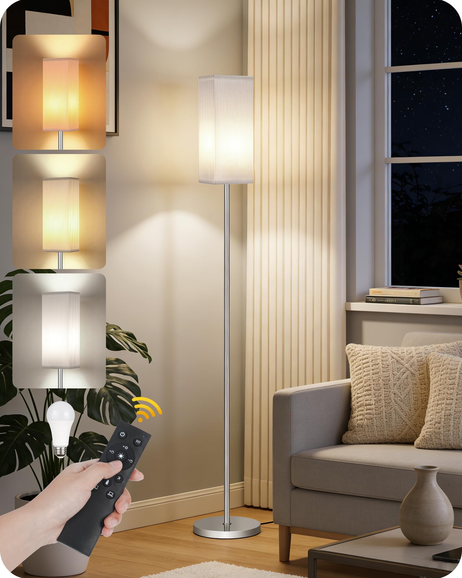 GOEBLESON 64.2Dimmable Floor Lamp for Living Room with Remote and Foot Switch, Corner Floor Lamp for Bedroom, Includes 10W A19