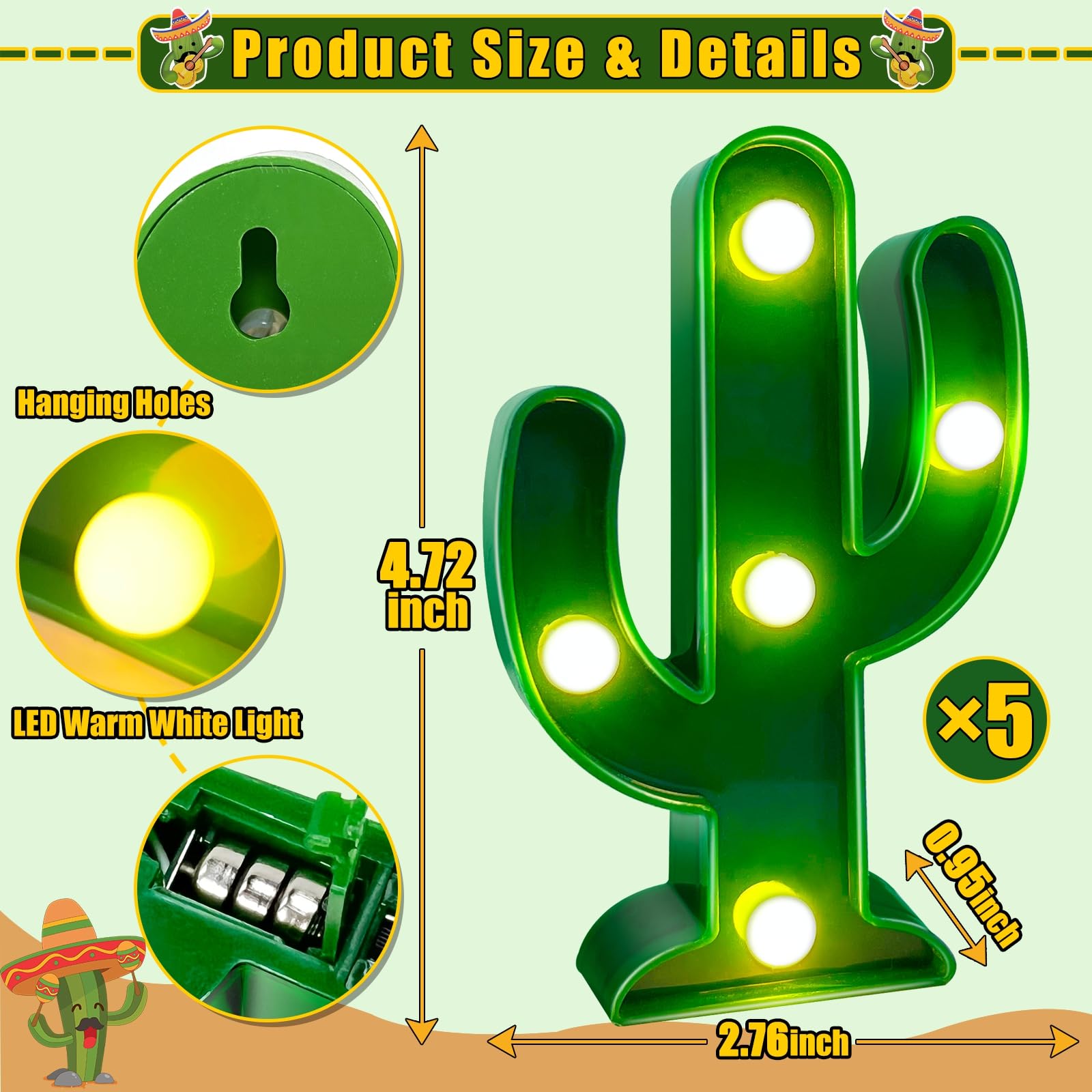 Turnmeon 5 Piece Cactus Decor Led Cactus Light Fiesta Decorations, Fiesta Mexican Party Decorations Green Cactus Night Light Cute Table Lamps For Kid'S Room Bedroom Home Decor (4.72 X 2.76 Inch)