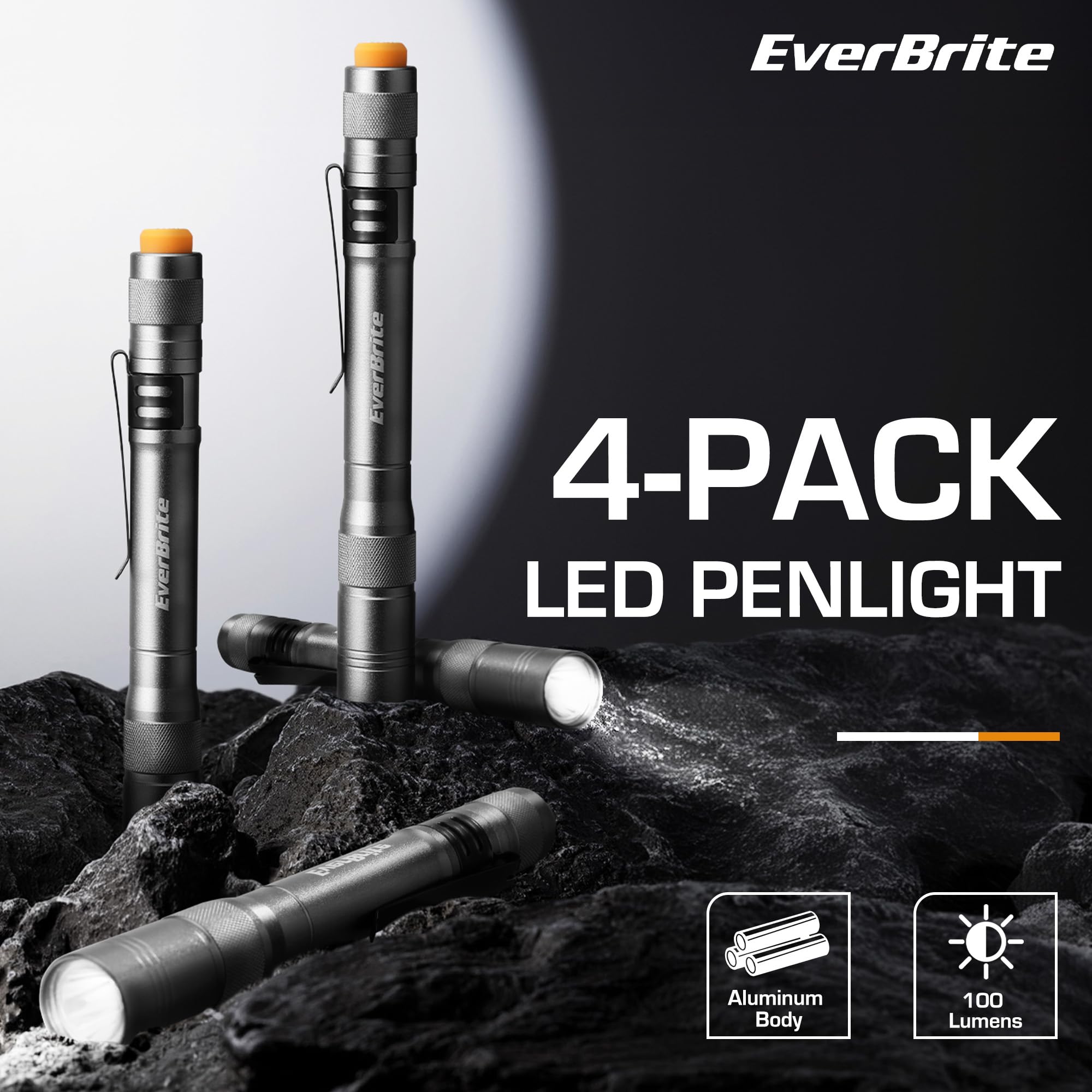 EverBrite Pen Light, 100LM LED Flashlight, Aluminum, Pack of 4, Gray, Model E101127AE