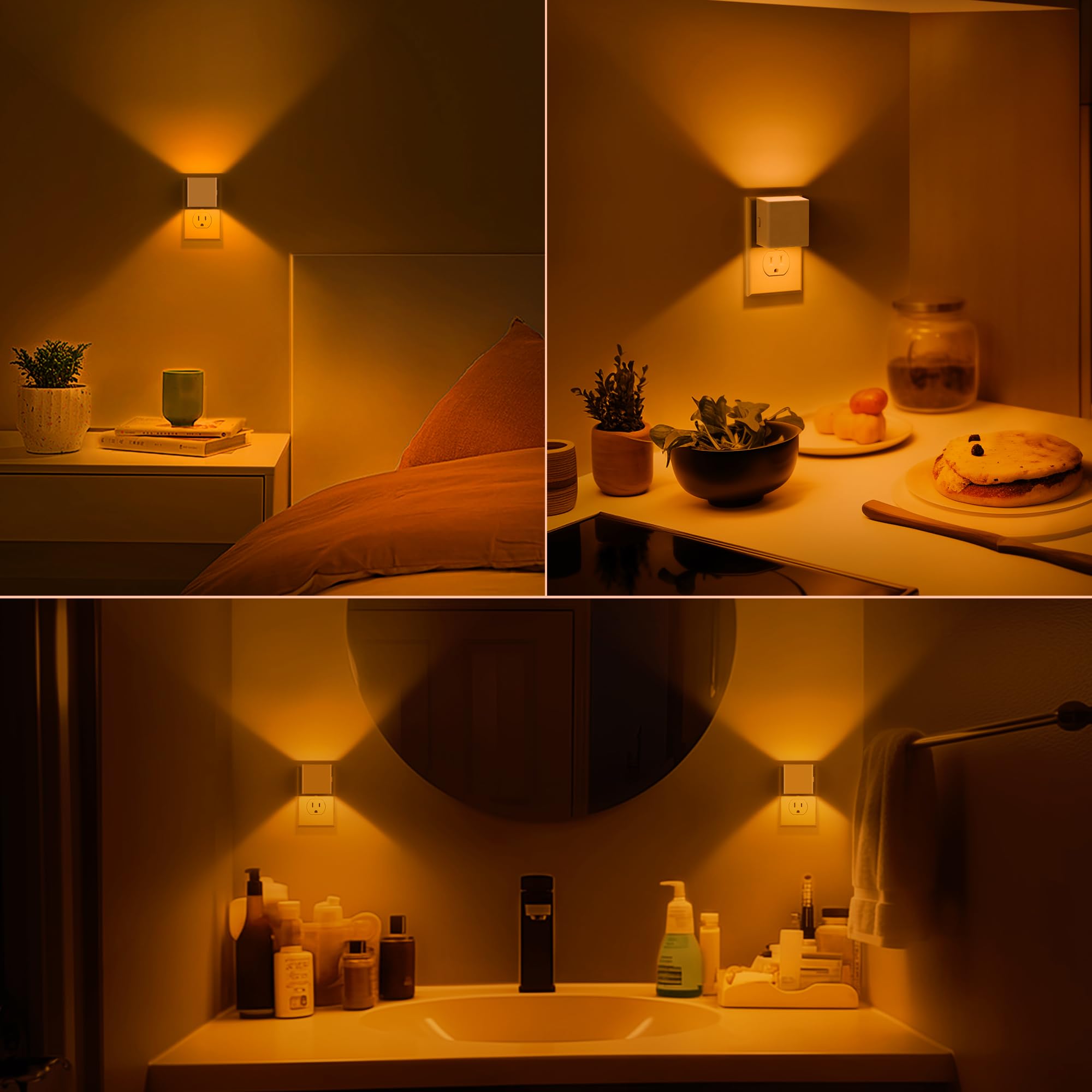 DORESshop LED Night Lights, 3 Level Brightness, Dusk to Dawn Sensor, 2 Packs, White Cover-Amber, Model D-GY106AMWHUS-2