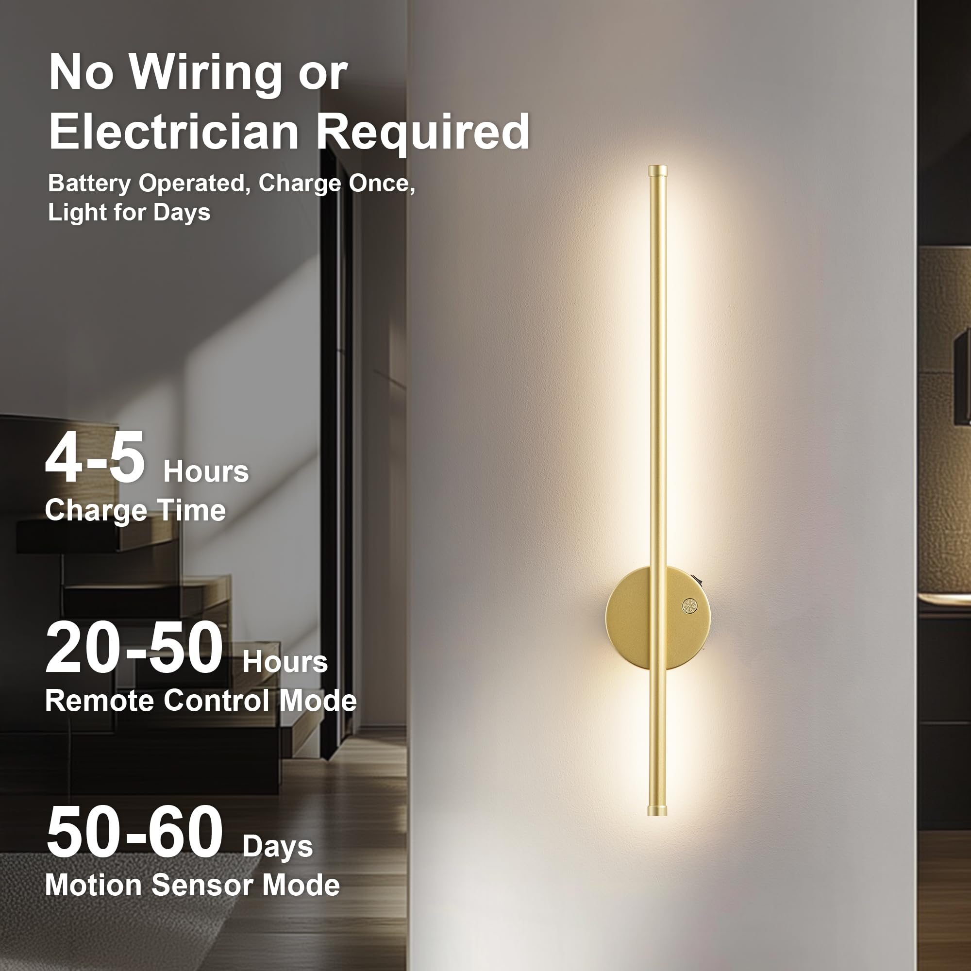 KARTOOSH Motion Sensor Wall Sconce Set of 2 - Rechargeable, Dimmable, 23.6 Inch, Gold, Model ZM330BGD60