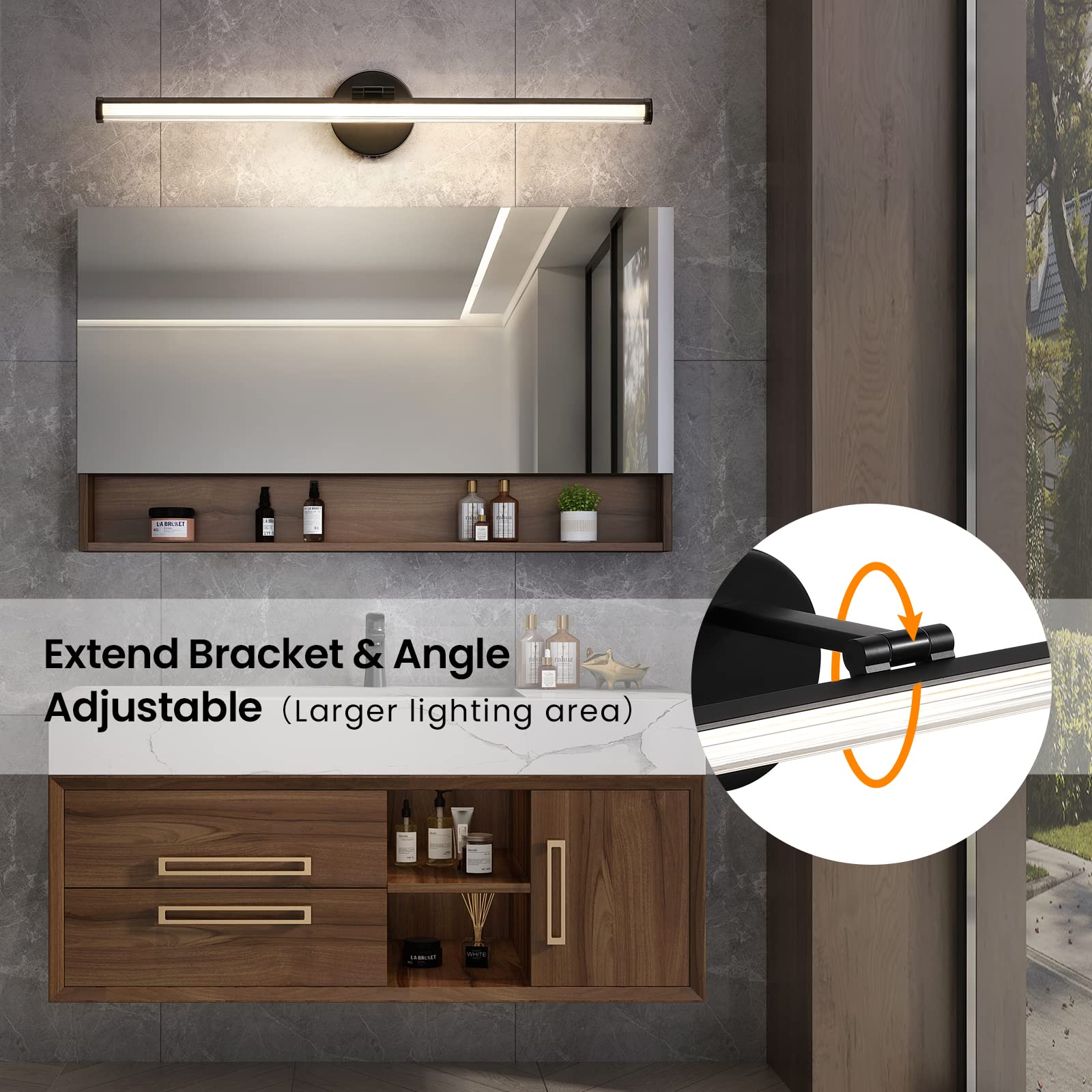 KAISITE 30 Inch Black Bathroom Vanity Light Fixture - Dimmable LED 24W 4000K Rotatable Light Bar, Model 8037ML-24BK-US