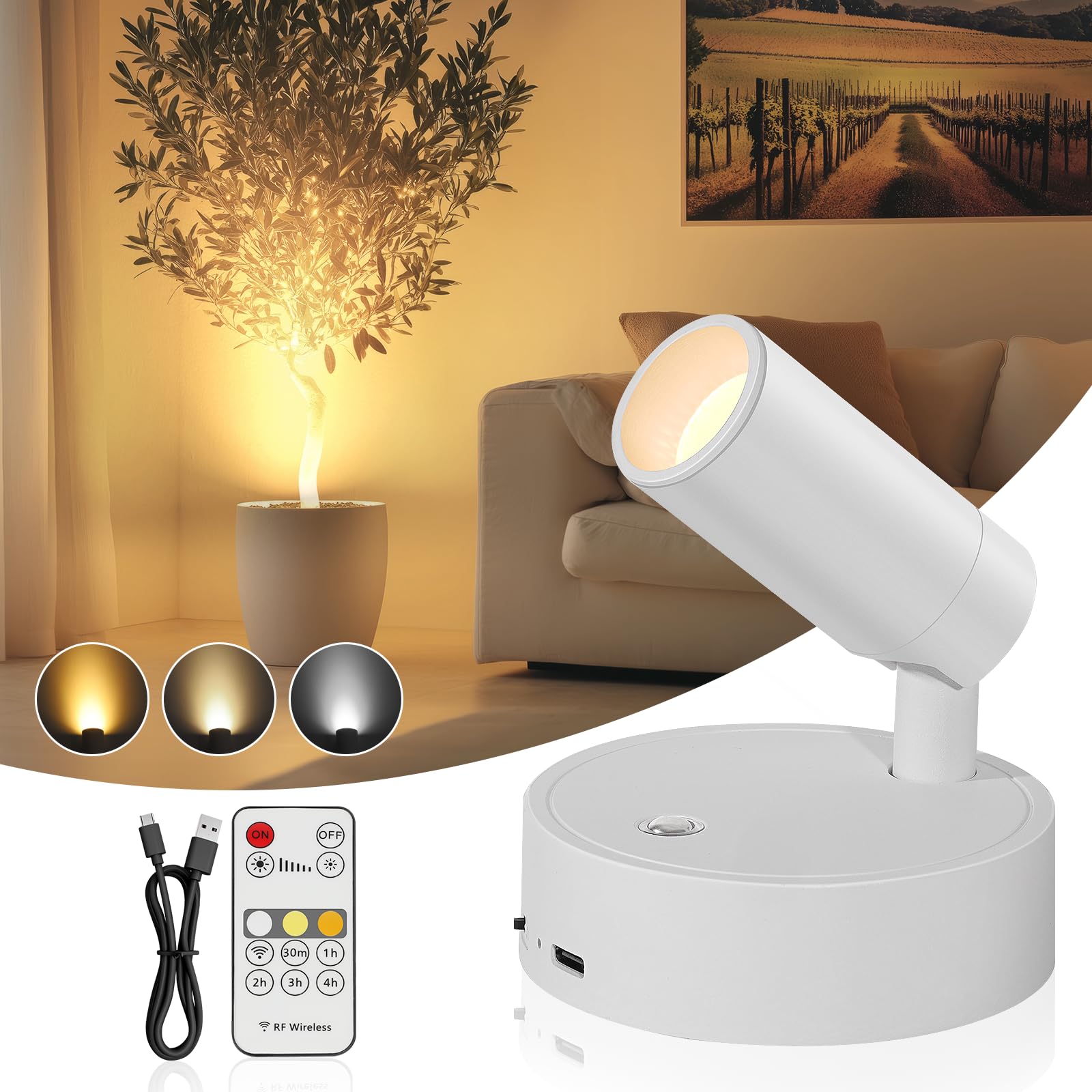 TaoFiaCo Spotlight Indoor, Wireless Battery Operated with Remote,Uplight Indoor Down Light for Picture on Wall, Plant Spotlight 