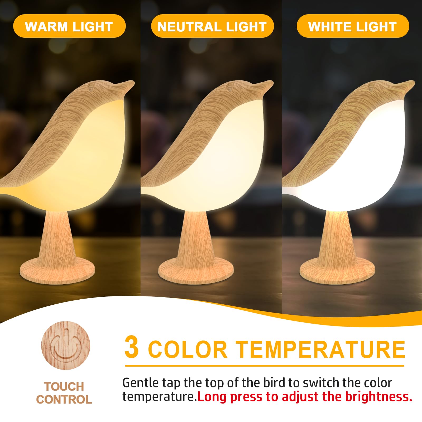 Deogos 2 Cute Bird Lamps Combo,Small Bedside Lamps With 3 Color Temperature And Adjustable Brightness,Cordless Lamp For Bedroom