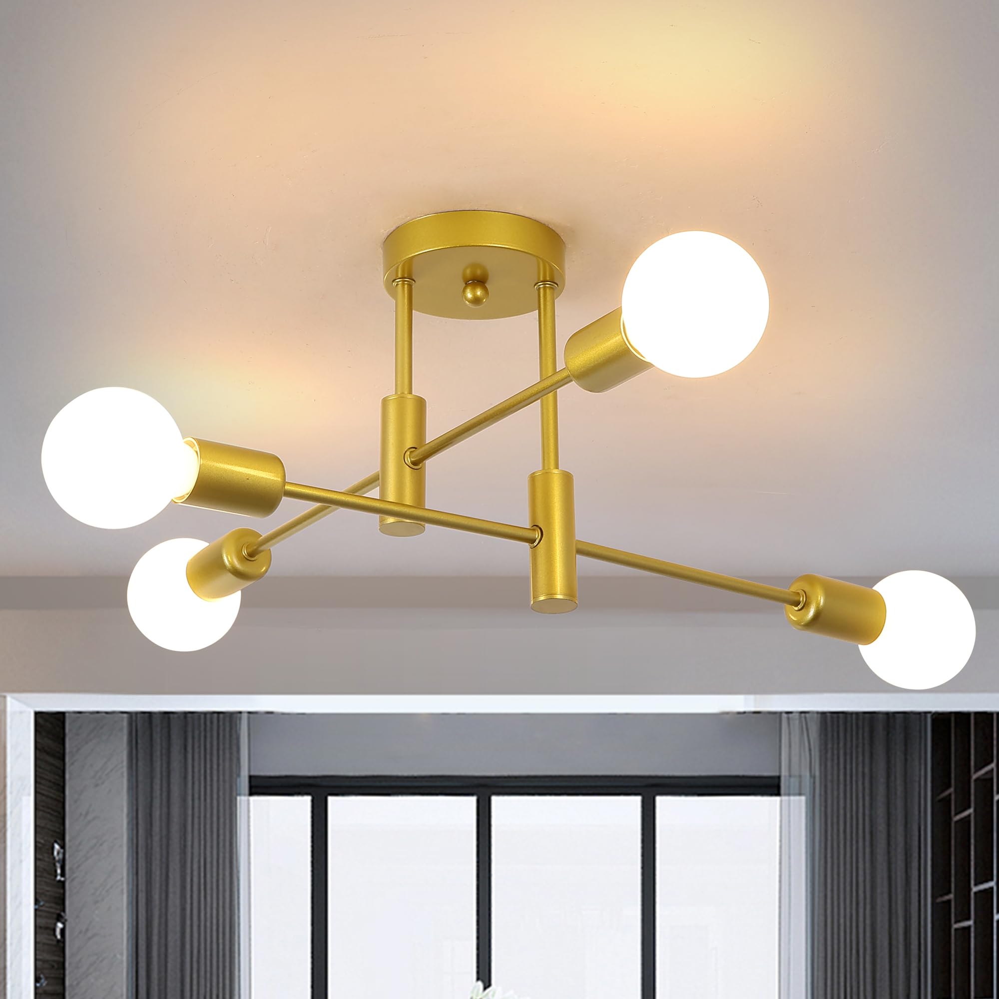 Garwarm 4-Light Sputnik Ceiling Light Modern Semi Flush Mount Ceiling Light Fixture Mid Century Gold Sputnik Chandelier for Kitc