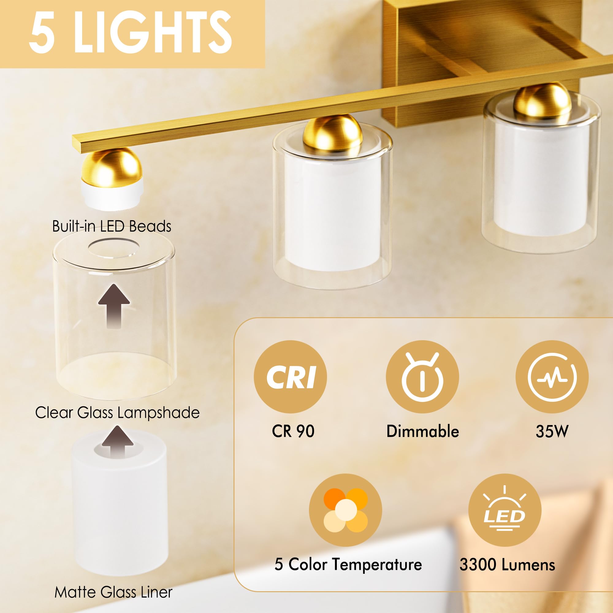 Quntis Gold Bathroom Light Fixtures, 5 Light LED Vanity Lights, Metal, 33 Inch, Milk White Frosted Glass, Model Q5G-MOD