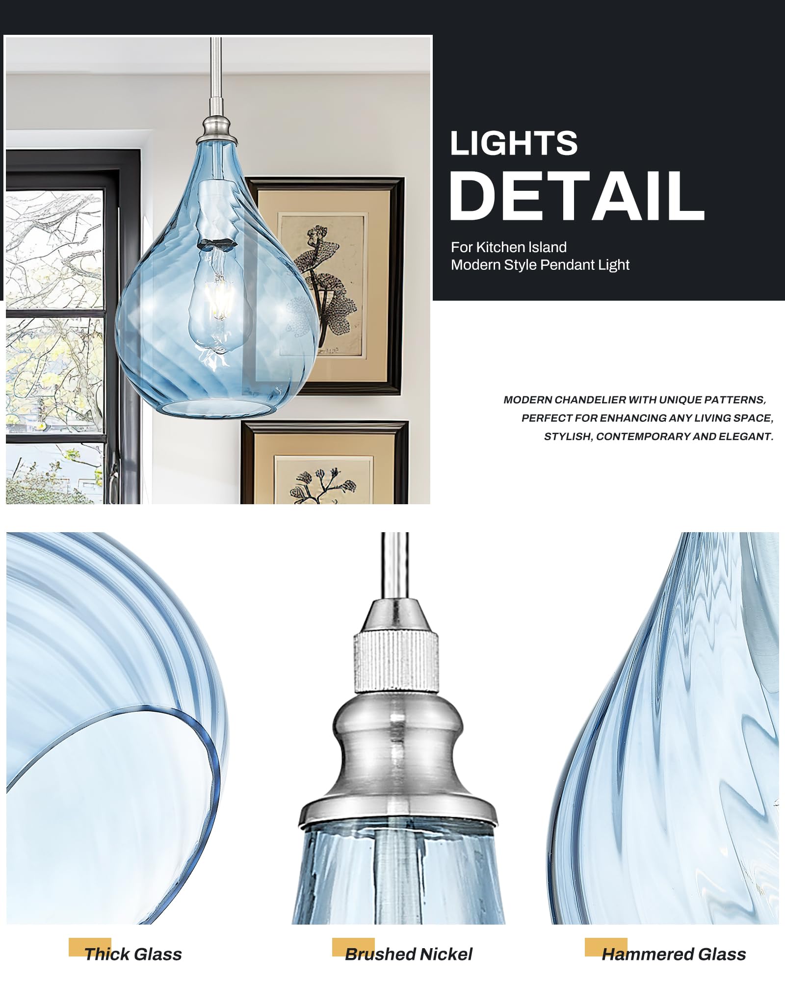 TENGXIN 8 Inch Brushed Nickel & Blue Glass Pendant Light for Kitchen Island, Model TXPLBN13-L