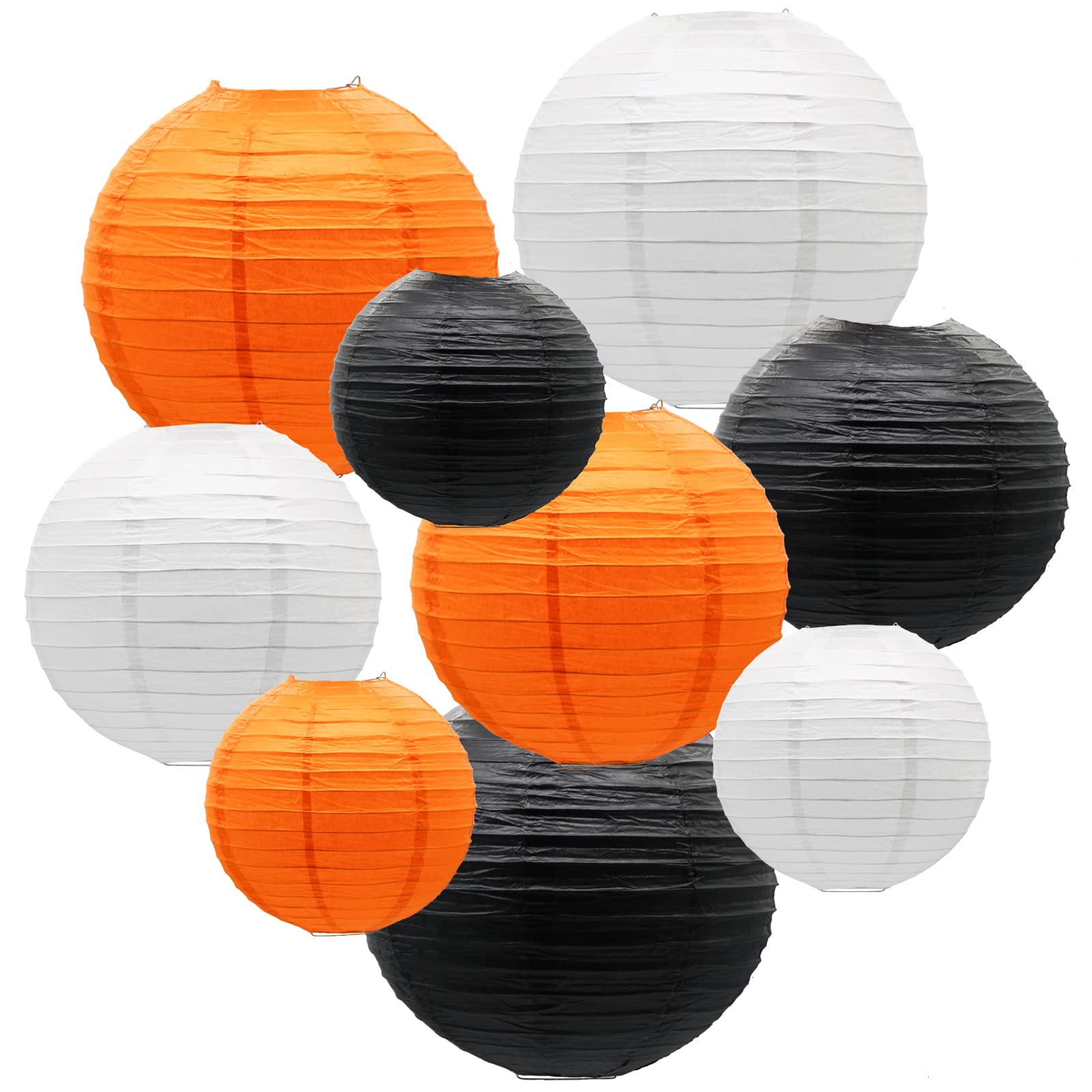 ADLKGG Paper Lanterns Decorative 9pcs Round Hanging Lanterns Metal Black/Orange/White for Halloween Thanksgiving Party