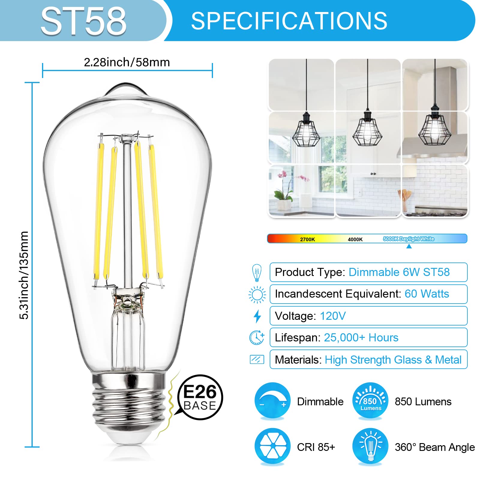 Maxvolador Vintage Led Edison Bulb Dimmable 60W Equivalent 850 Lumens, 6W Edison Light Bulbs 5000K, Antique St58 Led Filament Bulb E26 Base, Pack Of 4