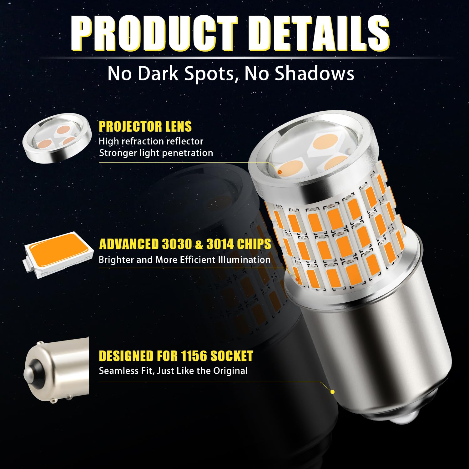 Ibrightstar 1156 Led Bulbs, Amber Yellow, Low Power, Projector Design, Model 1156-3014/3030-54/3Y, Replacement For Turn Signal Lights