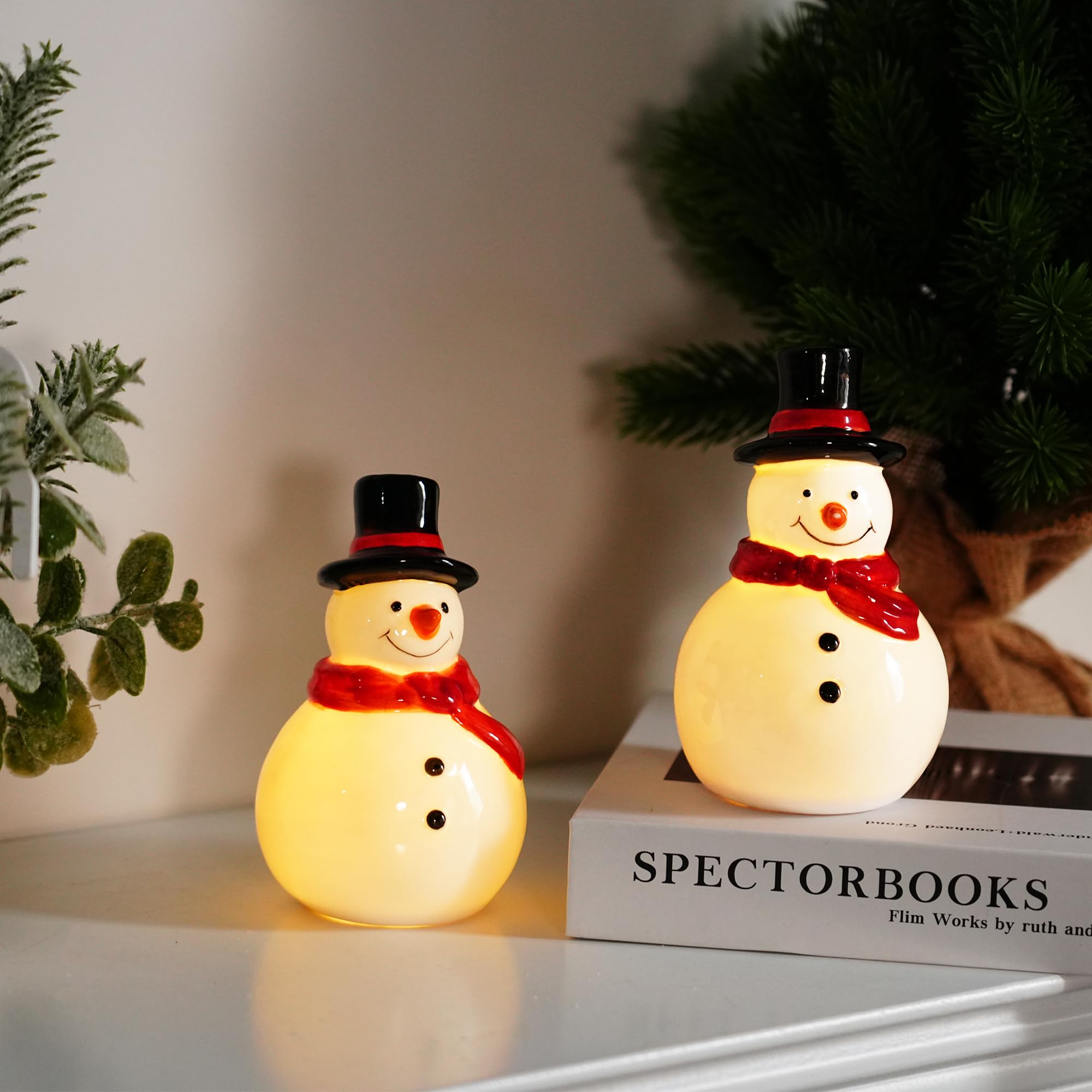 Nerosun Christmas Snowman Figurines  3 Pack Ceramic Cute Led Lighted Snowman Tabletop Christmas Decorations  Light Up Table Ornaments For Indoor Cabinet Mantel Fireplace Winter Xmas Decor