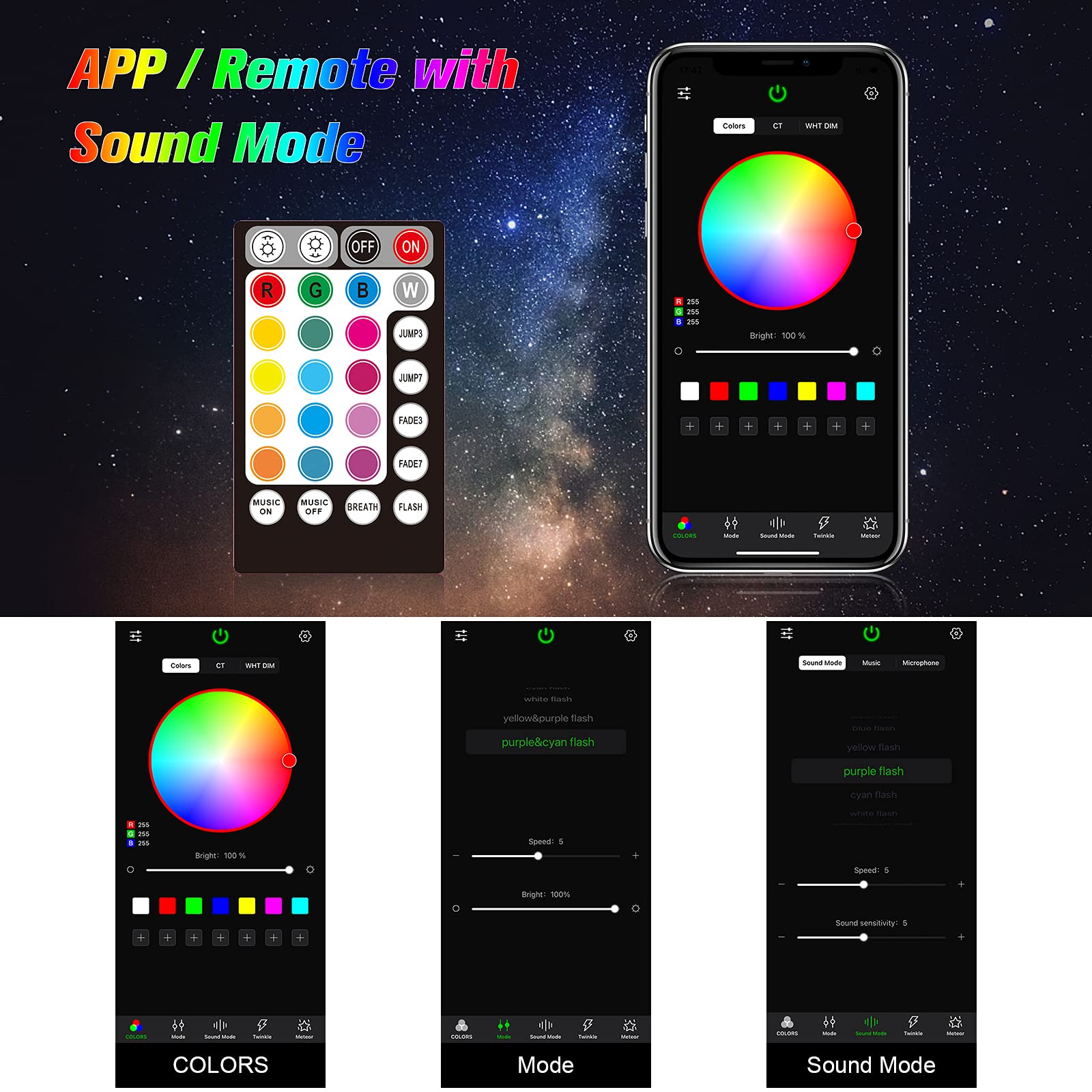 CHINLY Bluetooth RGBW LED Fiber Optic Light Kit, 300pcs, 0.03in x 9.8ft, Multicolor, Model QJ-L016