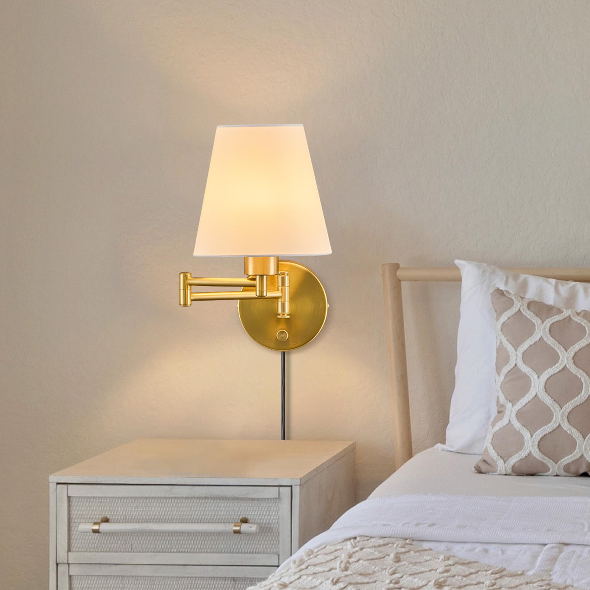 VONLUCE Swing Arm Wall Lamp - Adjustable Gold Wall Sconce with White Fabric Shade for Bedside and Hallway Lighting