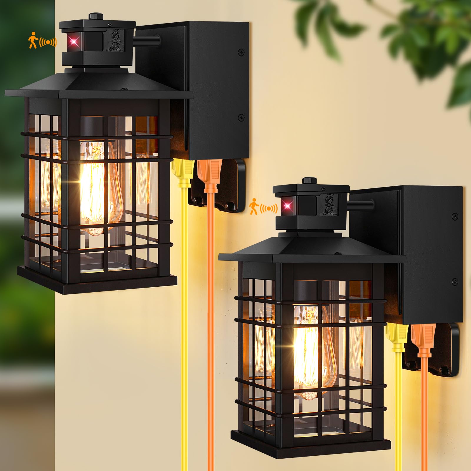 2-Pack Porch Lights with GFCI Outlet, Motion Sensor Dusk to Dawn Waterproof Outdoor Wall Lights, 3 Lighting Modes Black Exterior