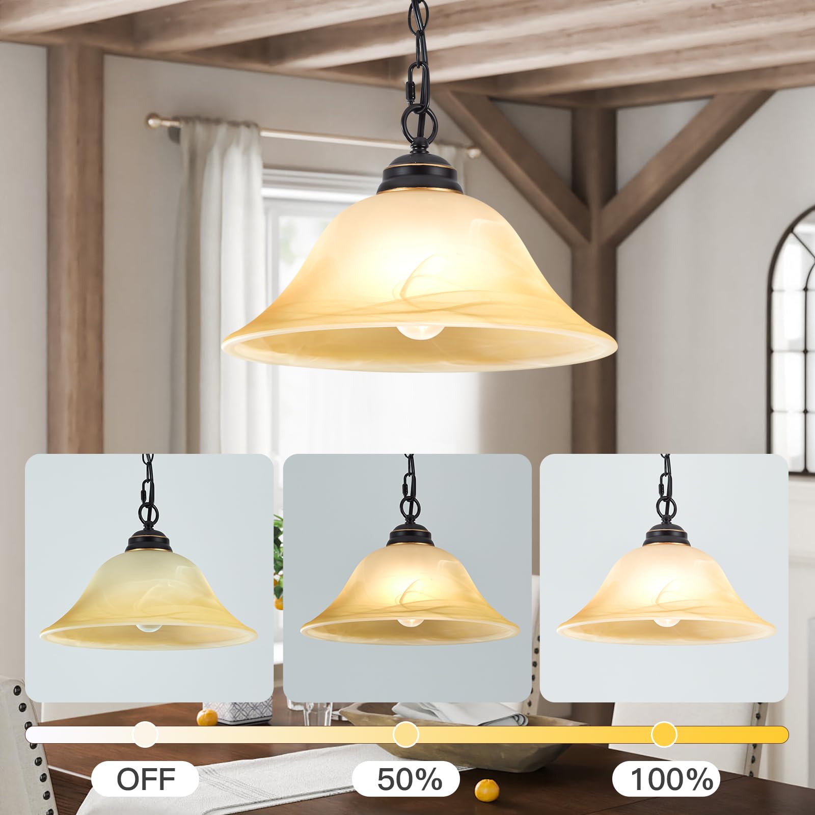 Shengqingtop Dimmable Plug-In Pendant Light, Retro Alabaster Shade, Black & Gold, 16.4Ft