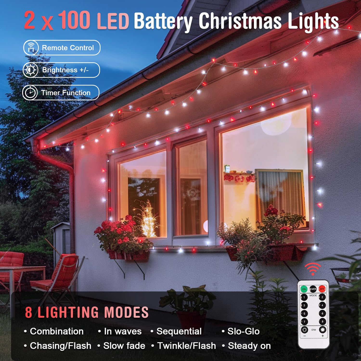 JMEXSUSS Battery String Lights, 2 Pack, 100 LED, 33ft, Red & White, Remote Controlled