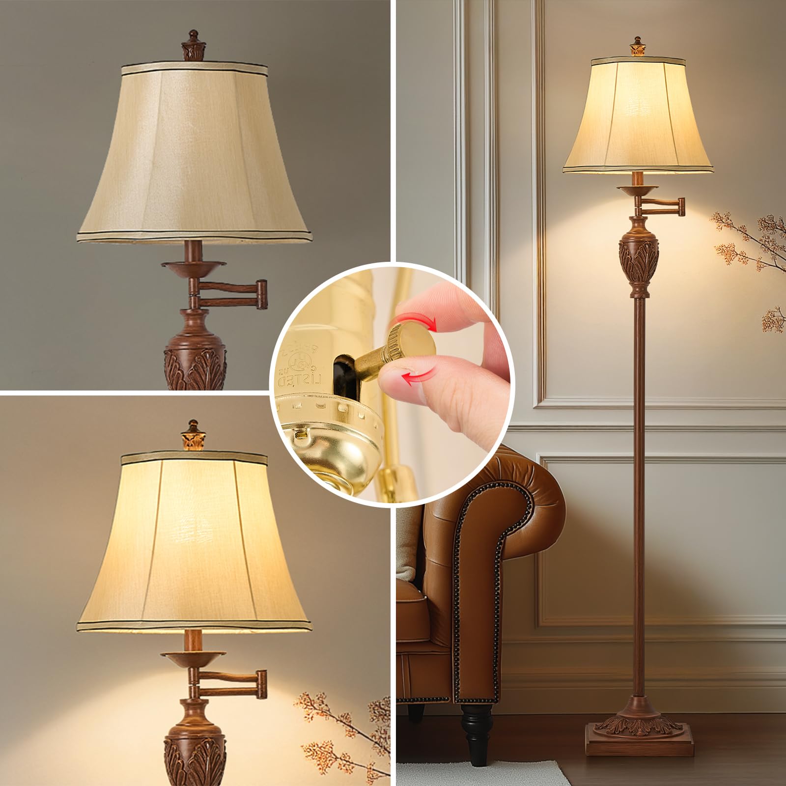 AIDENOEY Traditional LED Floor Lamp – 350° Adjustable Swing Arm – Walnut – Model HYFLOOR008 – Vintage Design for Living Room & Office