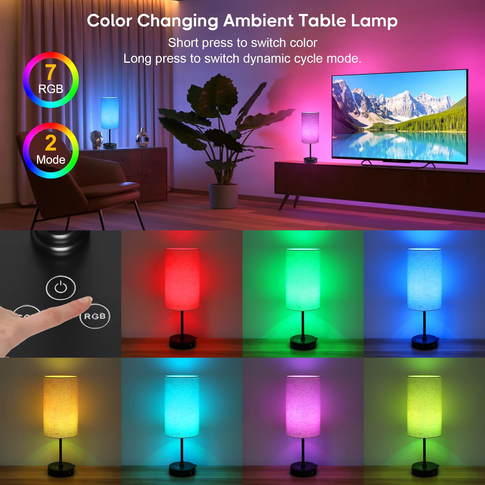 Unicozin Table Lamp, 3 CCT RGB Color Changing, Stepless Dimmable, 17Inch, Beige-Black Shade