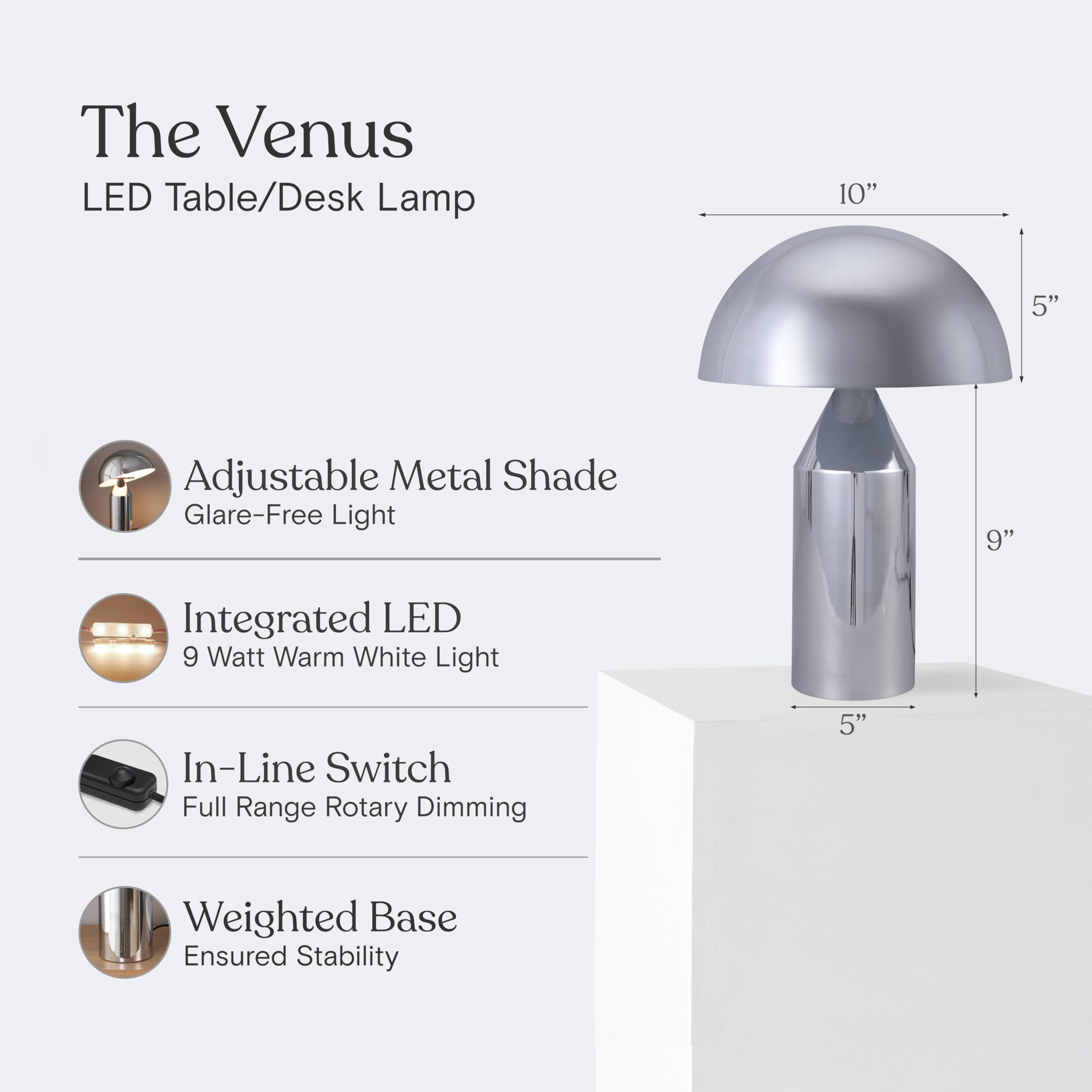 Brightech Venus 14 Globe Table Lamp - Modern Mid-Century Lamp With Golden Metal Shade - Nightstand  Bedside  Desk & Accent Table Lighting For Bedroom  Living Room & Office D?Cor - Chrome/Silver