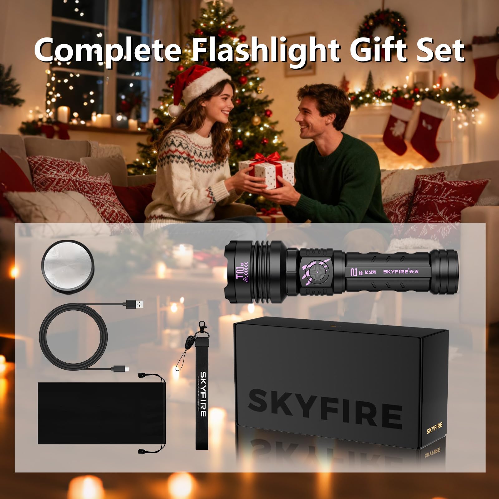 SKYFIRE Rechargeable Flashlight 3000lm LED Super Bright Tactical Waterproof Black