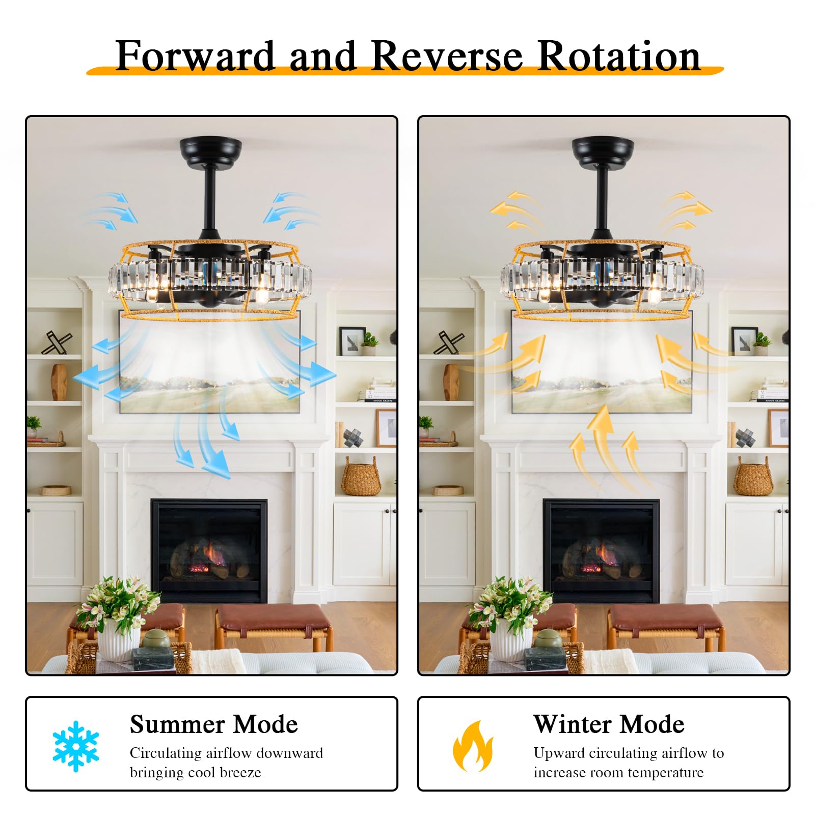 18 Low Profile Ceiling Fan with Light and Remote, Flush Mount Crystal Fan for Low Ceilings, 6-Speed Silent DC Motor, Easy to Ins