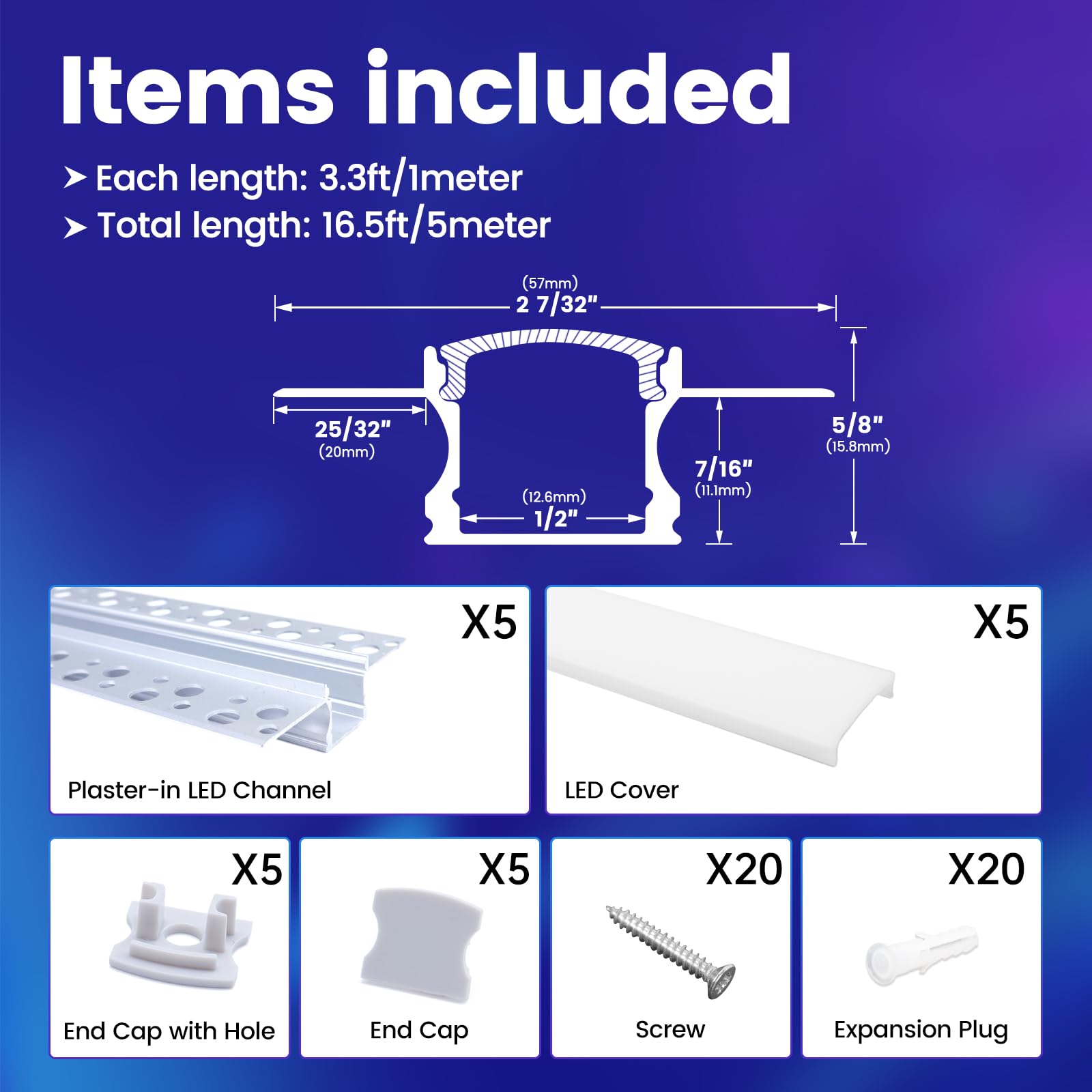 Muzata LED Strip Diffuser Channel, 5Pack 3.3FT/1M, Aluminum, White, Model MZZ563, Trimless for Drywall Ceiling Wall
