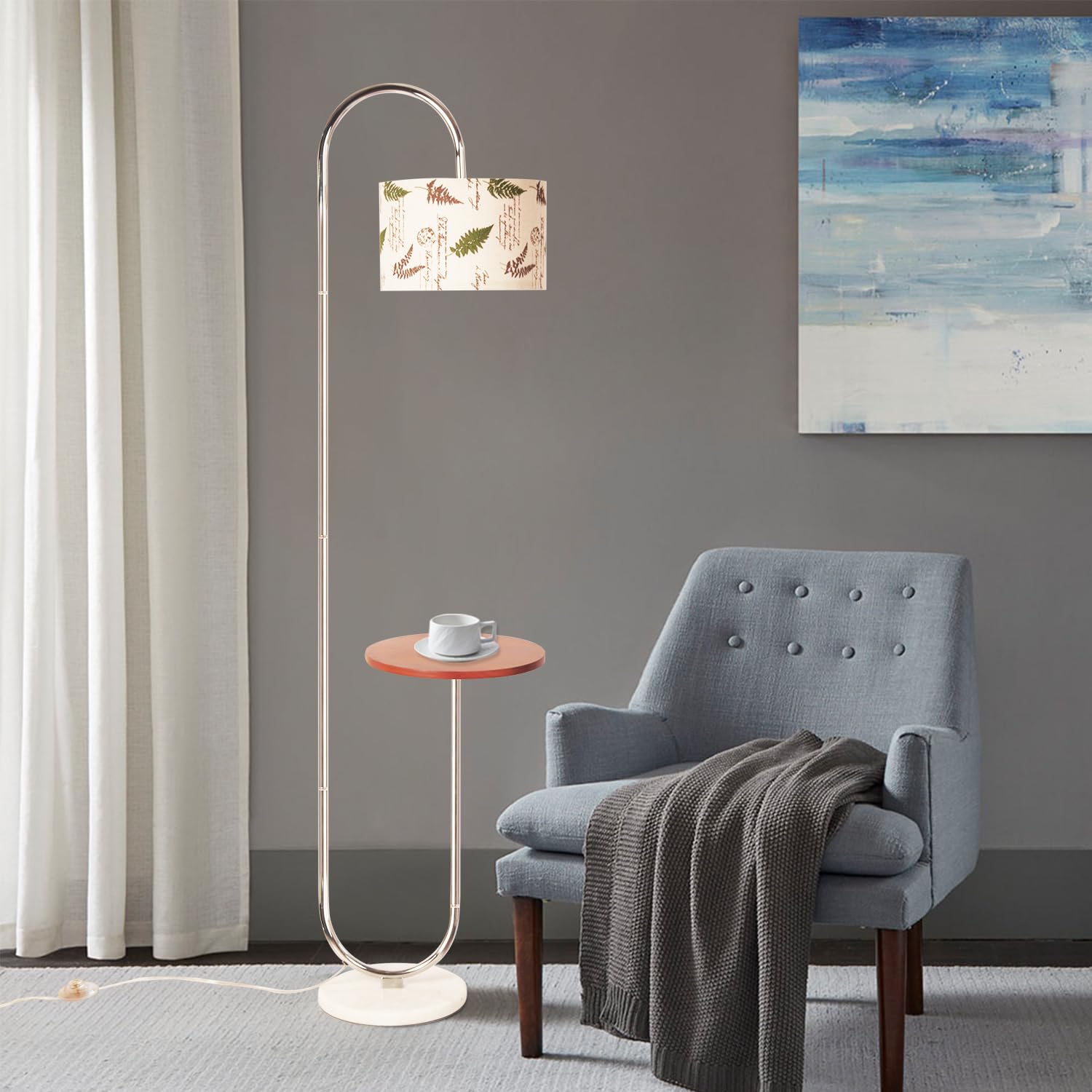 Hsyile Arc Floor Lamp with Marble Base, Chrome Finish, Hanging Drum Shade, Model KU296297