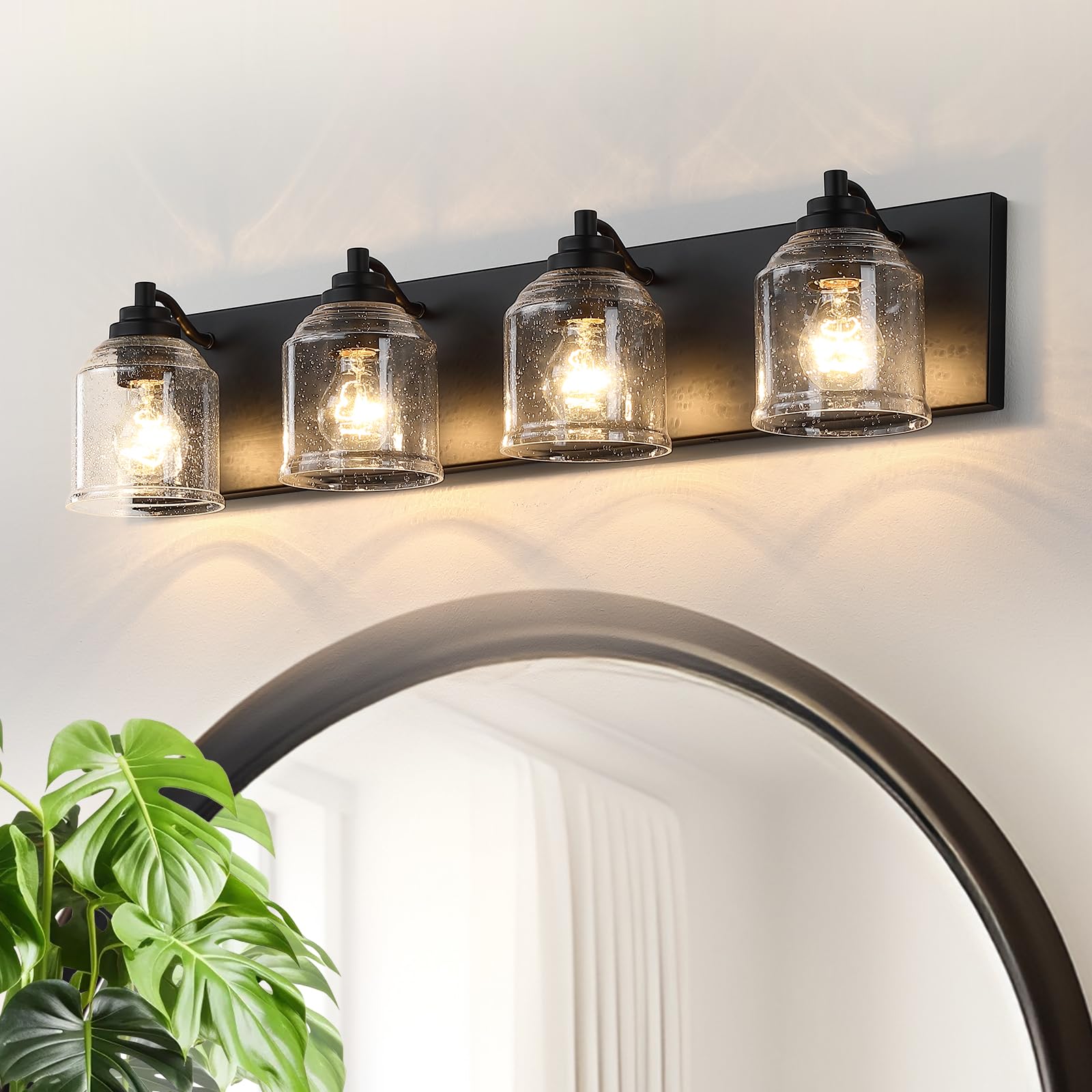 YKLITG 31.5in Farmhouse Bathroom Vanity Light, 4-Light Black Metal Sconce with Bubble Glass Shades, Model BD005-4-MB