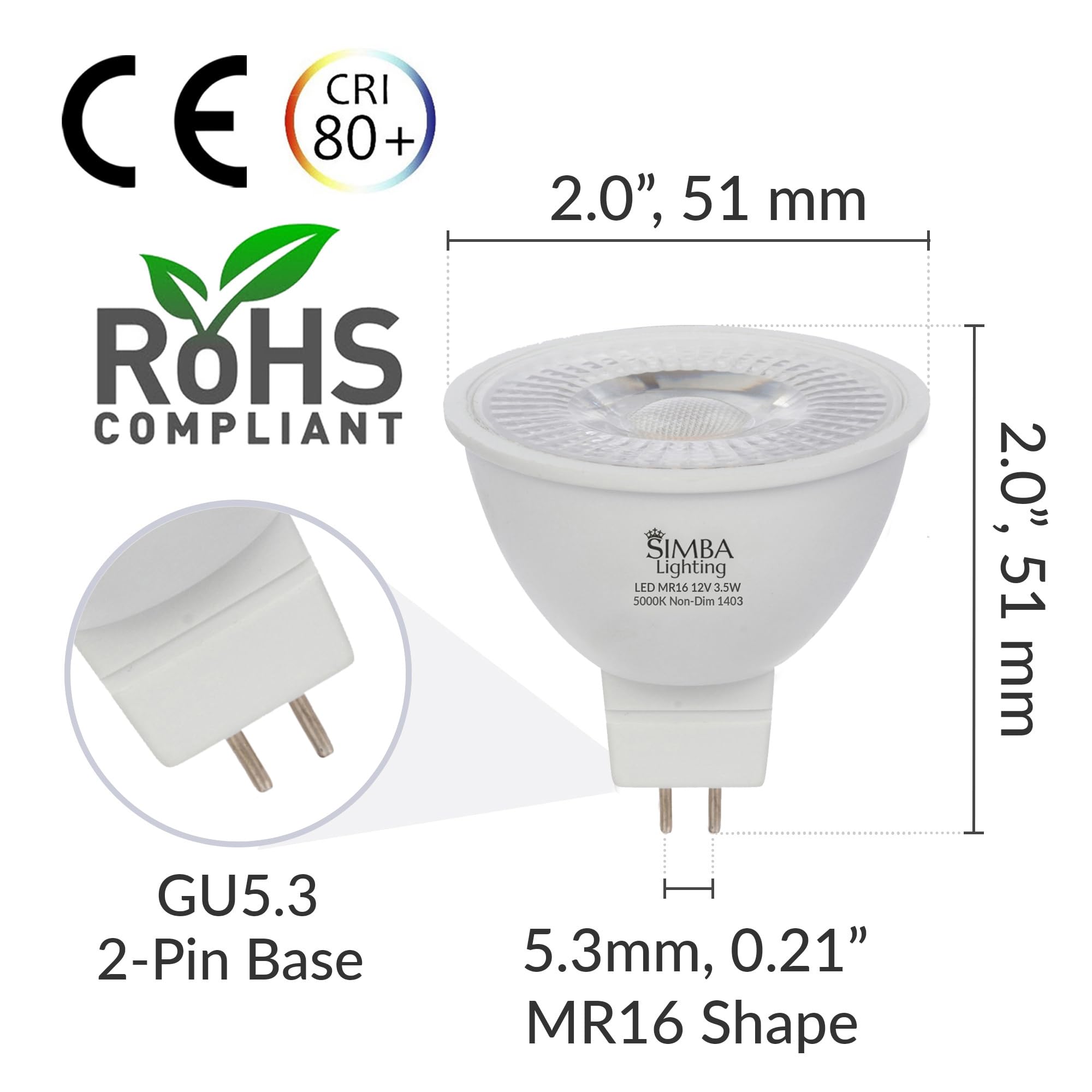 Simba Lighting LED MR16 Light Bulb 3.5W 12V 10 Pack GU5.3 Bipin Base 5000K Daylight Not Dimmable