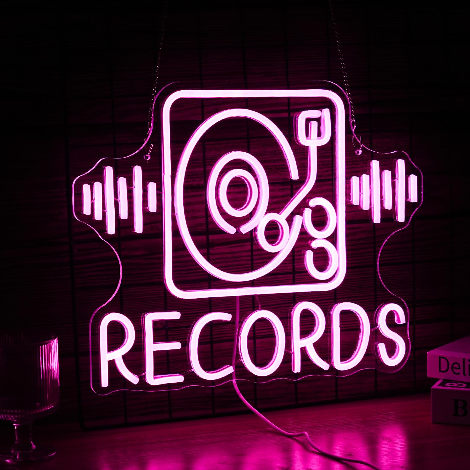 GNVETZLL Records Neon Sign, Pink LED Wall Decor, Dimmable, USB Powered, 15.7inx12.2in, Acrylic, for Music and Party Decor