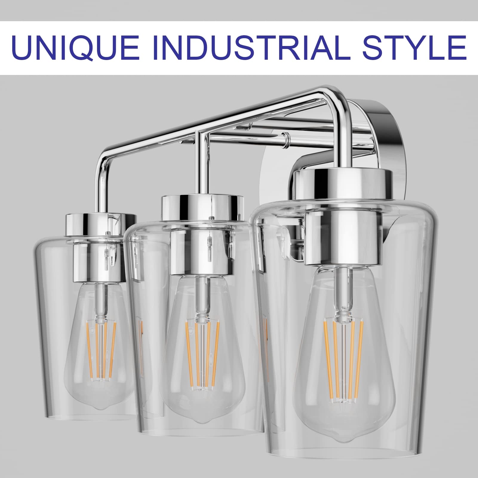 Tipace Modern Bathroom Vanity Lighting Fixtures 3-Lights Industrial Stainless Steel Chrome Finish With Clear Glass Vanity Lights