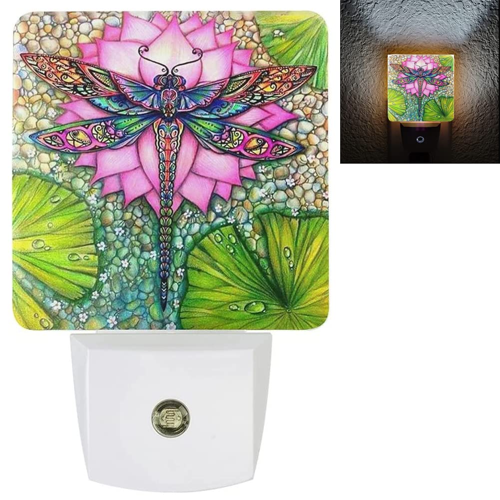 Dragonfly Night Light Plug In Led Lamp Night Lights For Bedroom Lotus Nightlight Decor For Kids Room Hallway Stairs Dimmable With Auto Sensor Adjustable Brightness Auto On/Off Dragonfly Gift For Women