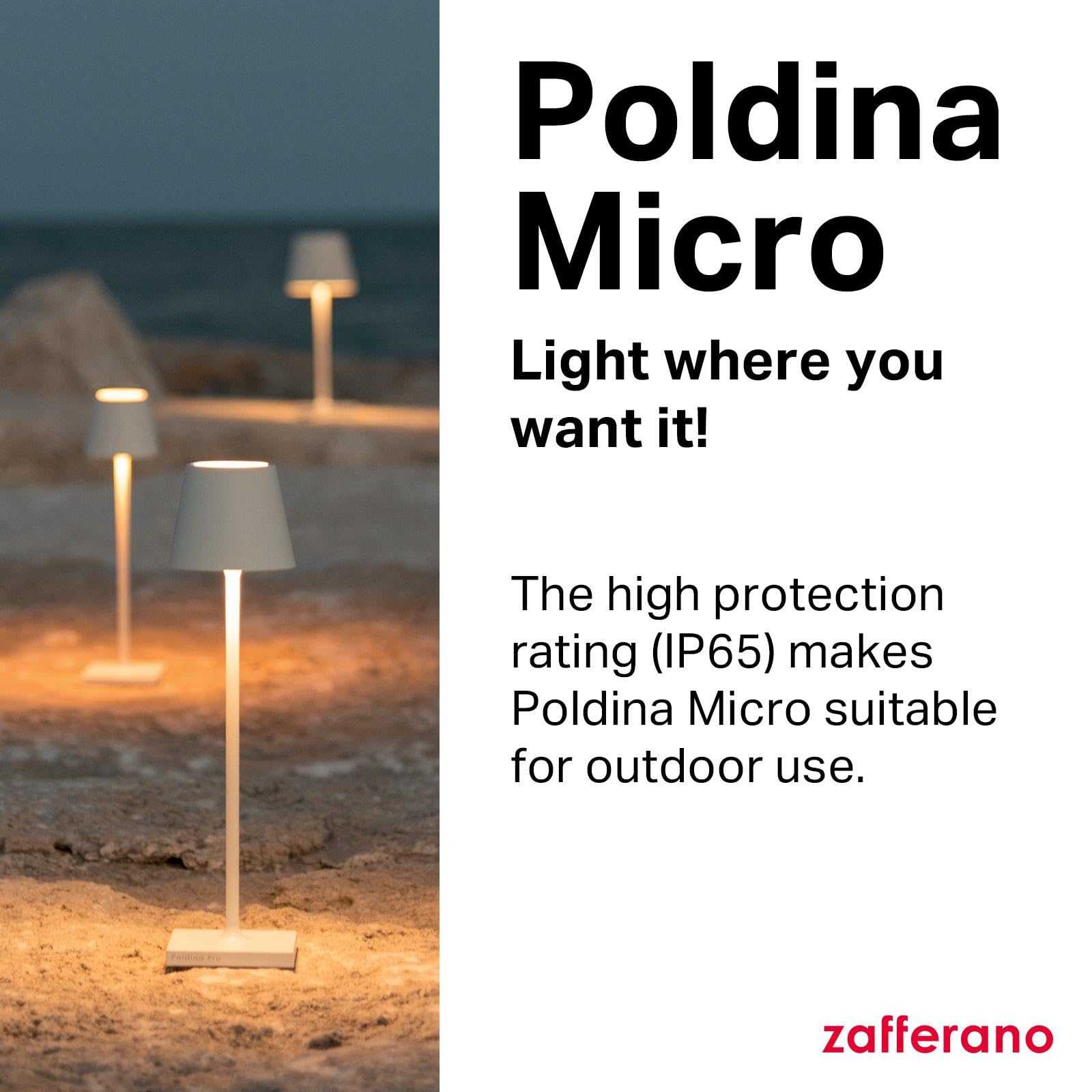 Zafferano, Poldina Micro Lamp, Rechargeable Cordless Table Lamp With Touch Controls, Suitable For Indoor And Outdoor, Dimmer, 22