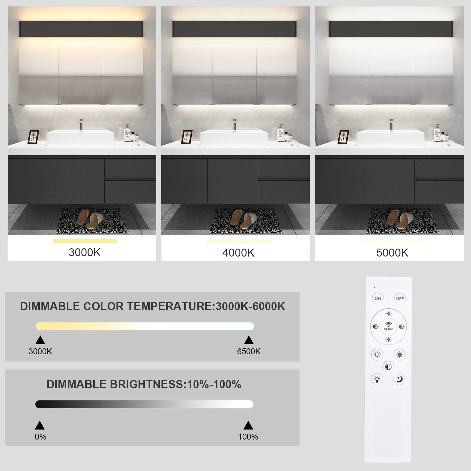 Aipsun Modern Black Dimmable Vanity Light Fixture, 43.3in LED, Remote Control, Adjustable Color Temperature, Aluminum, Model A065-110cm-Remote