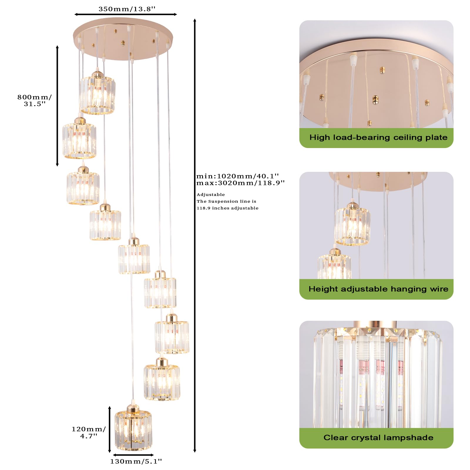 Cainjiazh High Ceilings Long Chandeliers Modern Crystal Pendant Light Raindrop Drop Lamp Hanging Chandeliers Flush Mount Lighting Fixtures For Staircase Foyer Entryway Gold 9 Lights