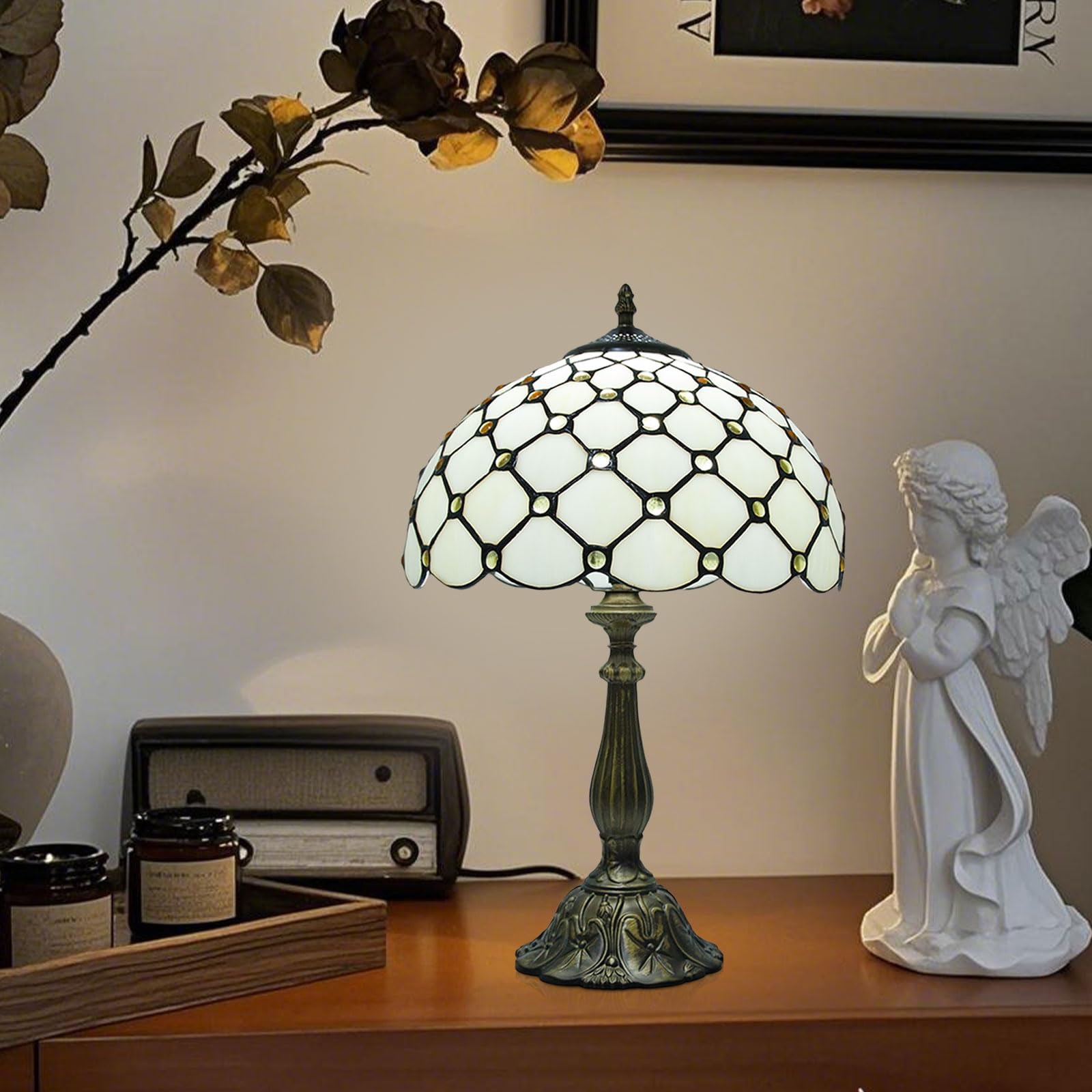 12 Inch Tiffany Table Lamps With Remote Control  Stained Glass Lamp With Stepless Dimmable Colors Temperature & Brightness For Living Room Bedroom Office  9W Bulb Included (White Bead Curtain)