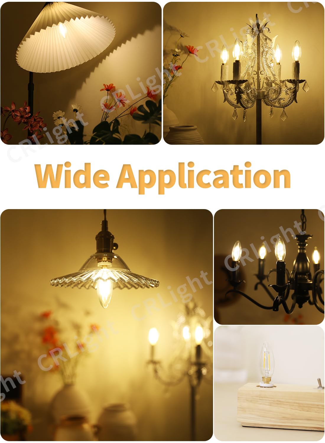 CRLight LED Candelabra Bulb 2W 250LM Warm White 2700K E12 Dimmable Glass B10 6 Pack