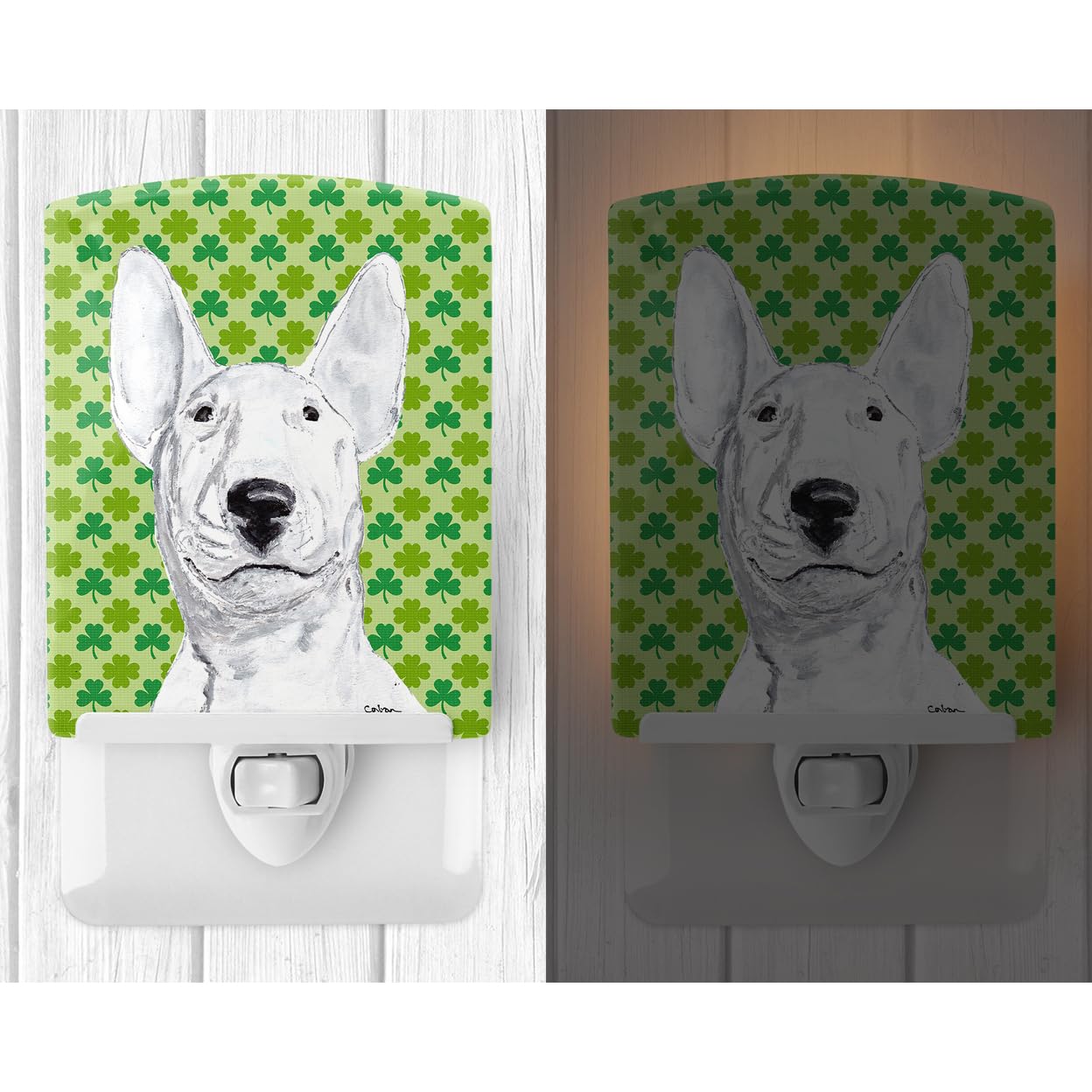 Caroline'S Treasures Sc9576Cnl Bull Terrier Lucky Shamrock St. Patrick'S Day Ceramic Night Light Compact, Ul-Certified, Ideal For Bedroom, Bathroom, Nursery, Hallway, Kitchen, 6X4X3, Multicolor