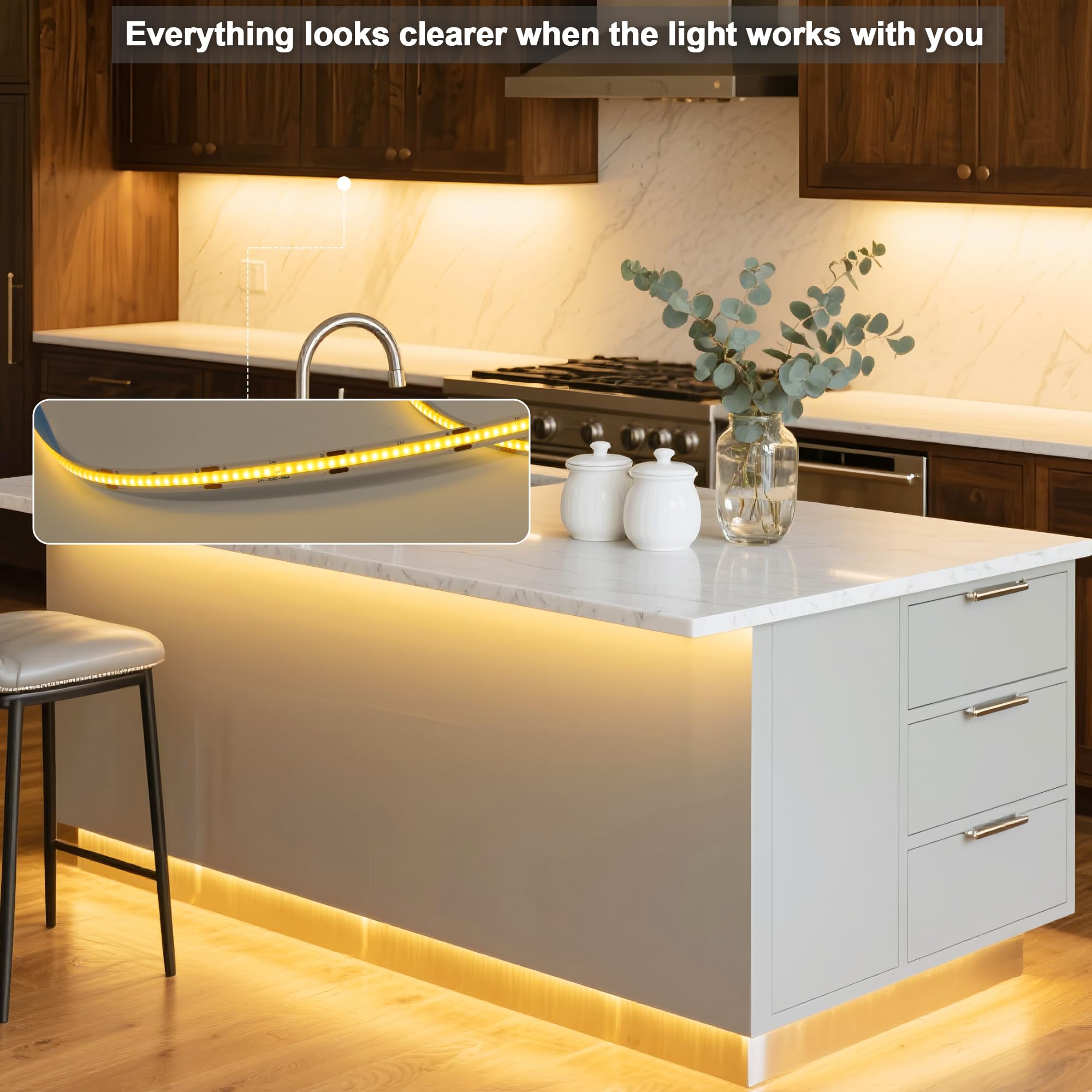 XINGZHI 24V Dimmable COB LED Light Strip, 16.4FT, Warm White 3000K, RF Remote Control, UL Power Supply