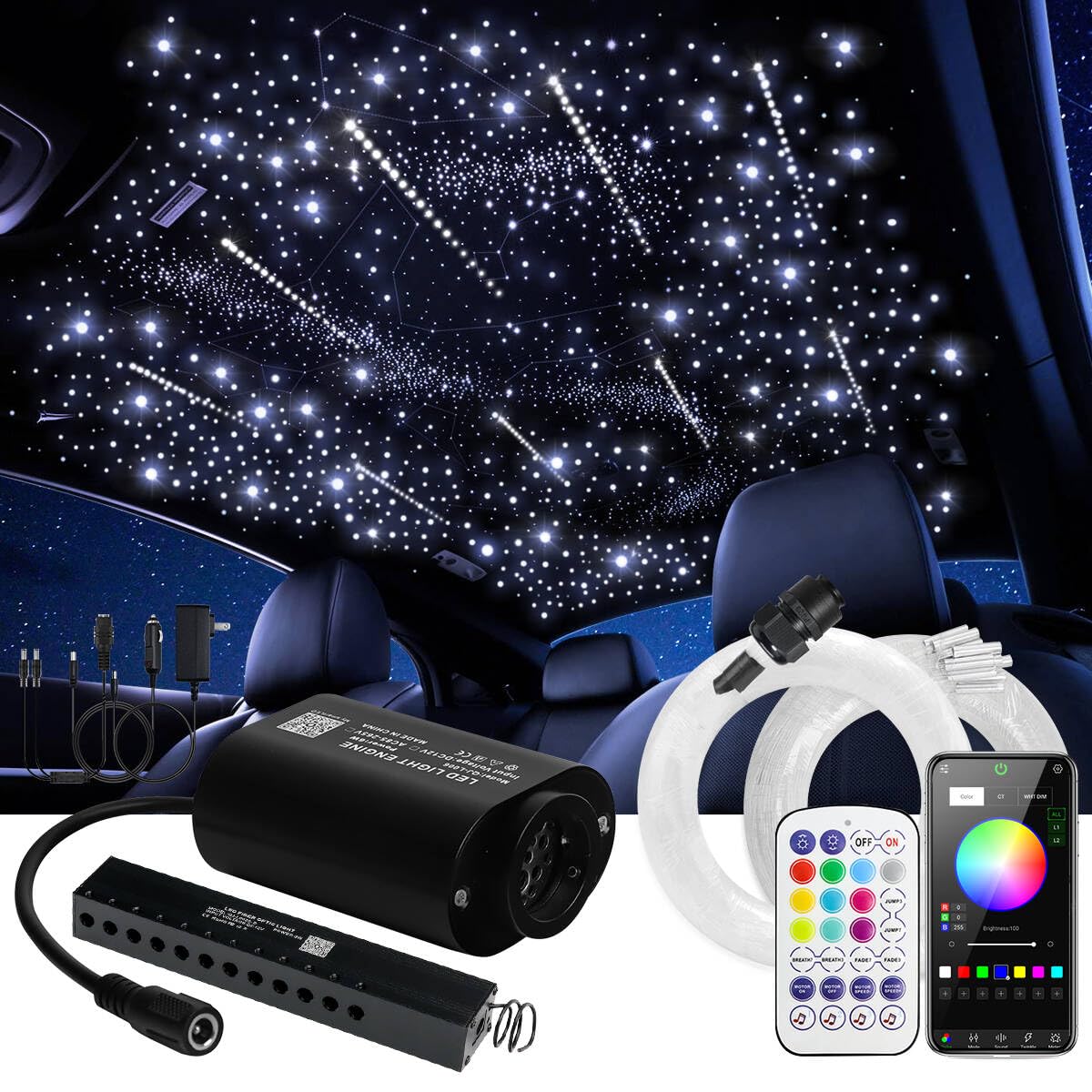 6W Small Size Fiber Optic Starlight Headliner Kit, 350pcs*0.03in*9.8ft, Shooting Stars + Twinkle + Sound-Activated APP& Remote C