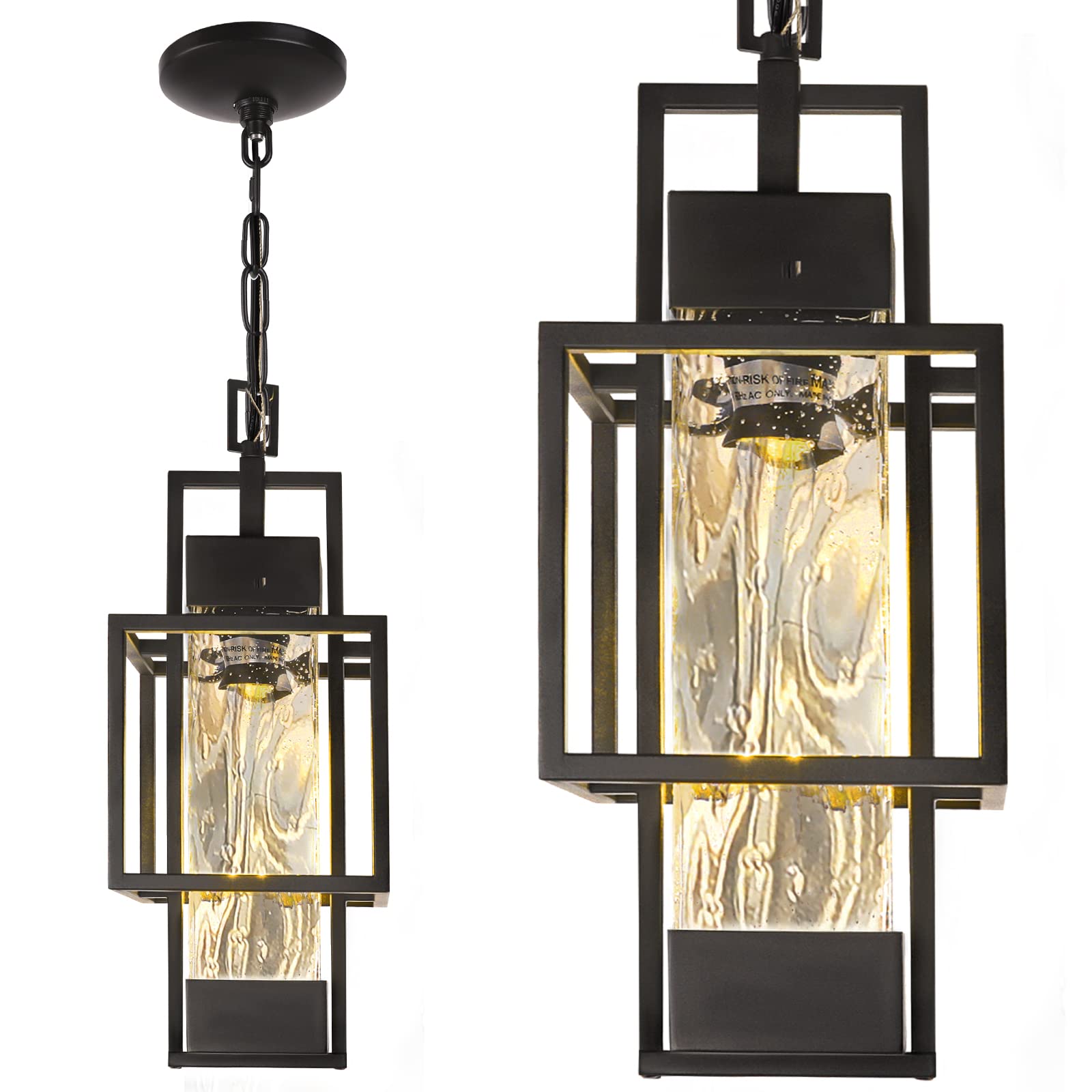 PARTPHONER 15in Pendant Light Fixture, Black Metal Lantern with Water Glass, Ceiling Mount, Model LED0969